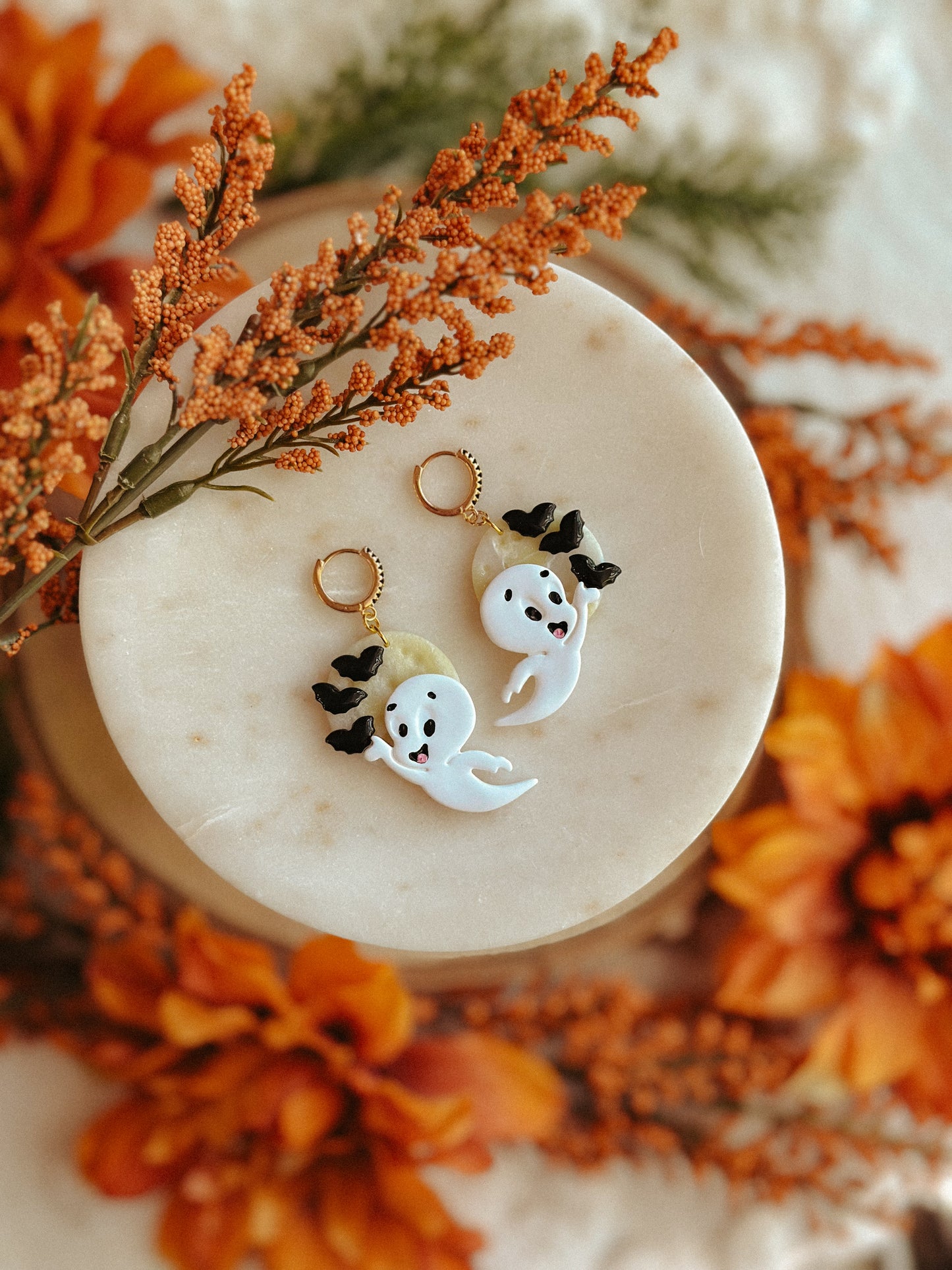 Casper glow in the dark full moon polymer clay earrings Halloween moon drops