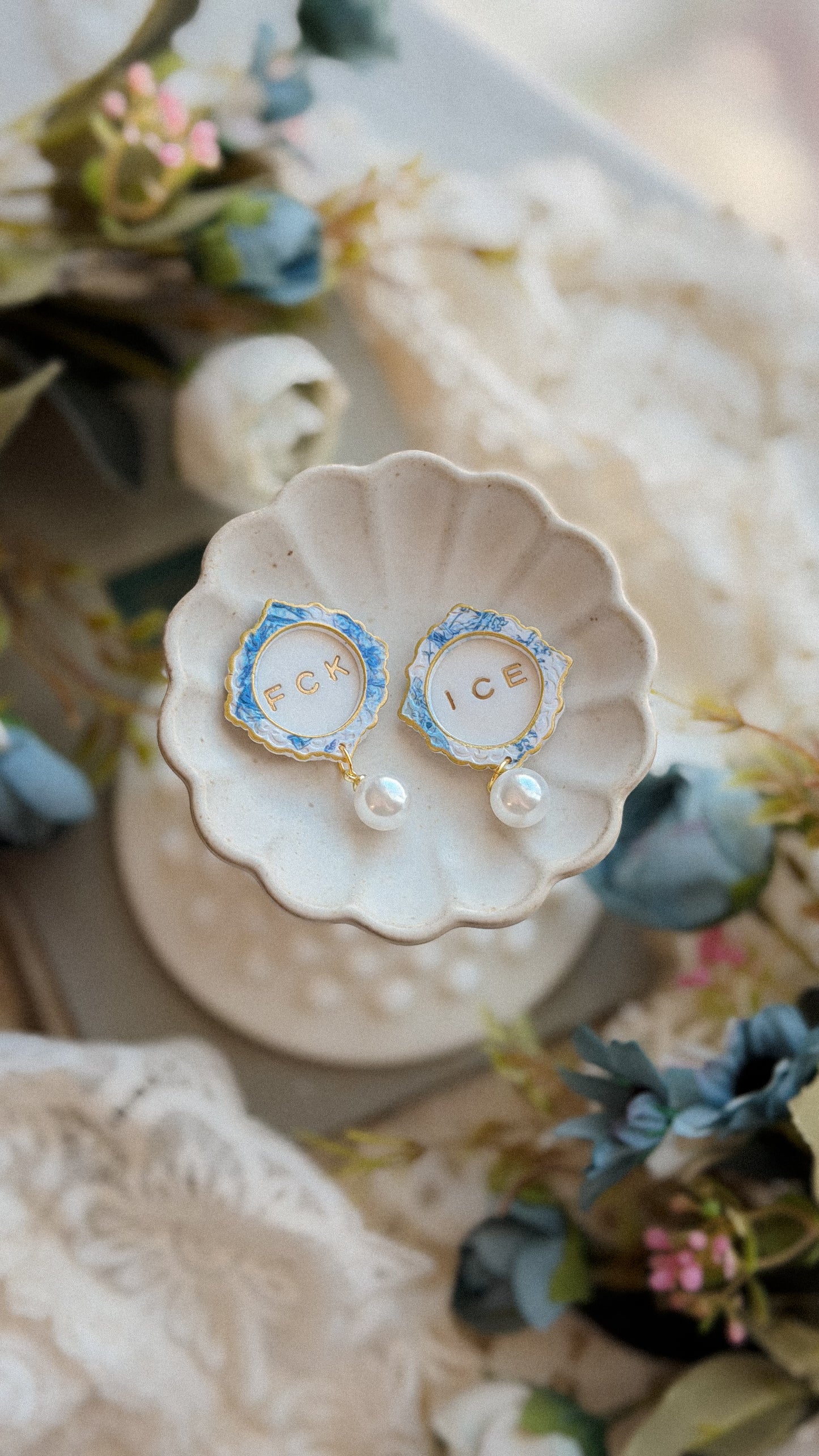 Handmade polymer clay stud earrings Fck Ice Chinoiserie Frame Pearl Stud Earrings with classic pearl center — elegant statement studs on white background