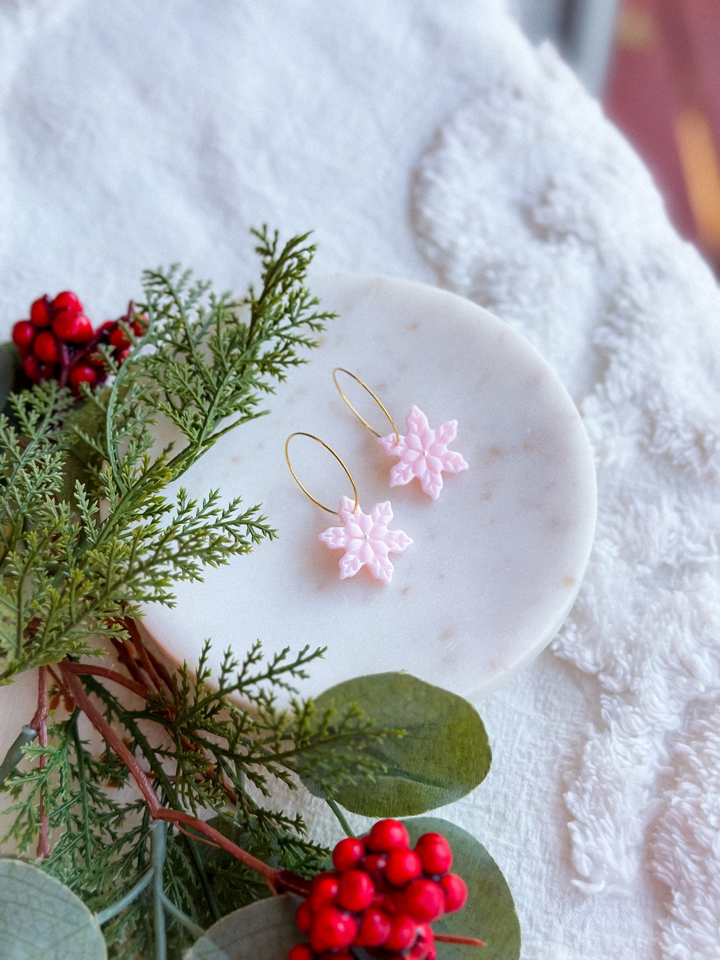 Ice Queen Pink Pearl Shimmer Snowflake Gold Hoops