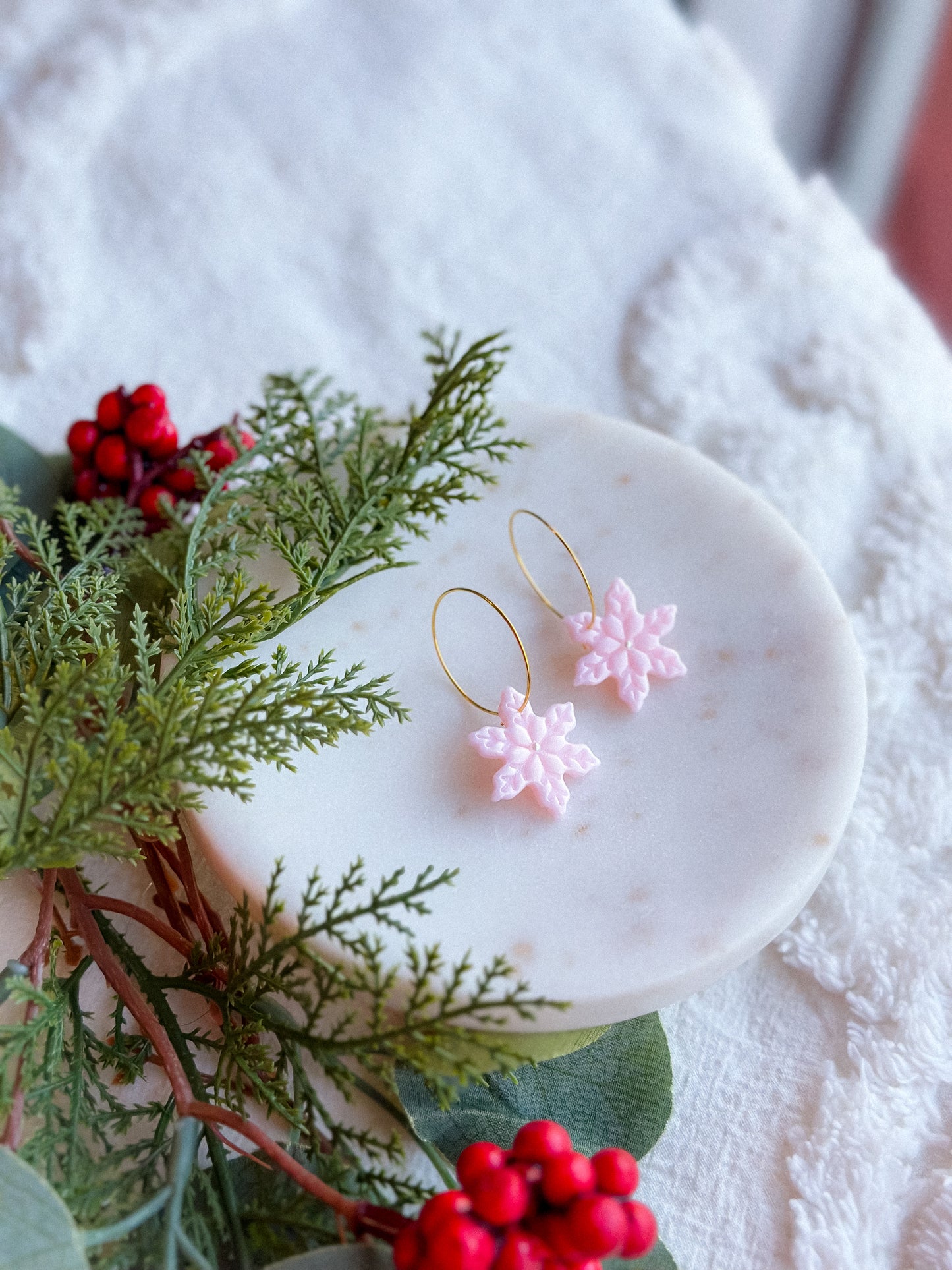 Ice Queen Pink Pearl Shimmer Snowflake Gold Hoops