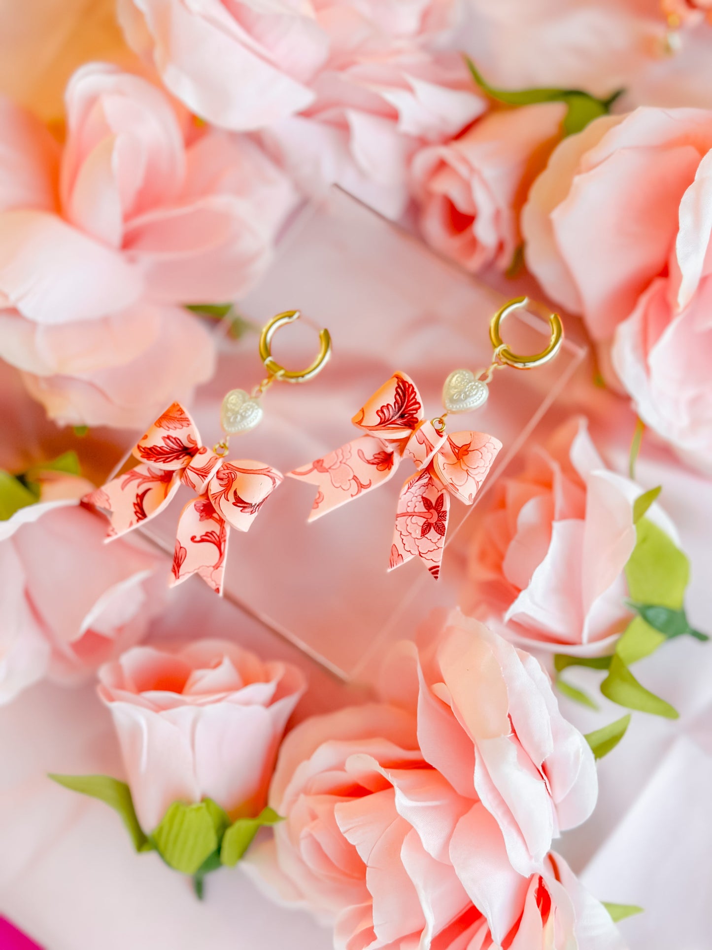 IMPERFECT Peach Fuzz Chinoiserie Bows w/ Pearls Huggie Hoops