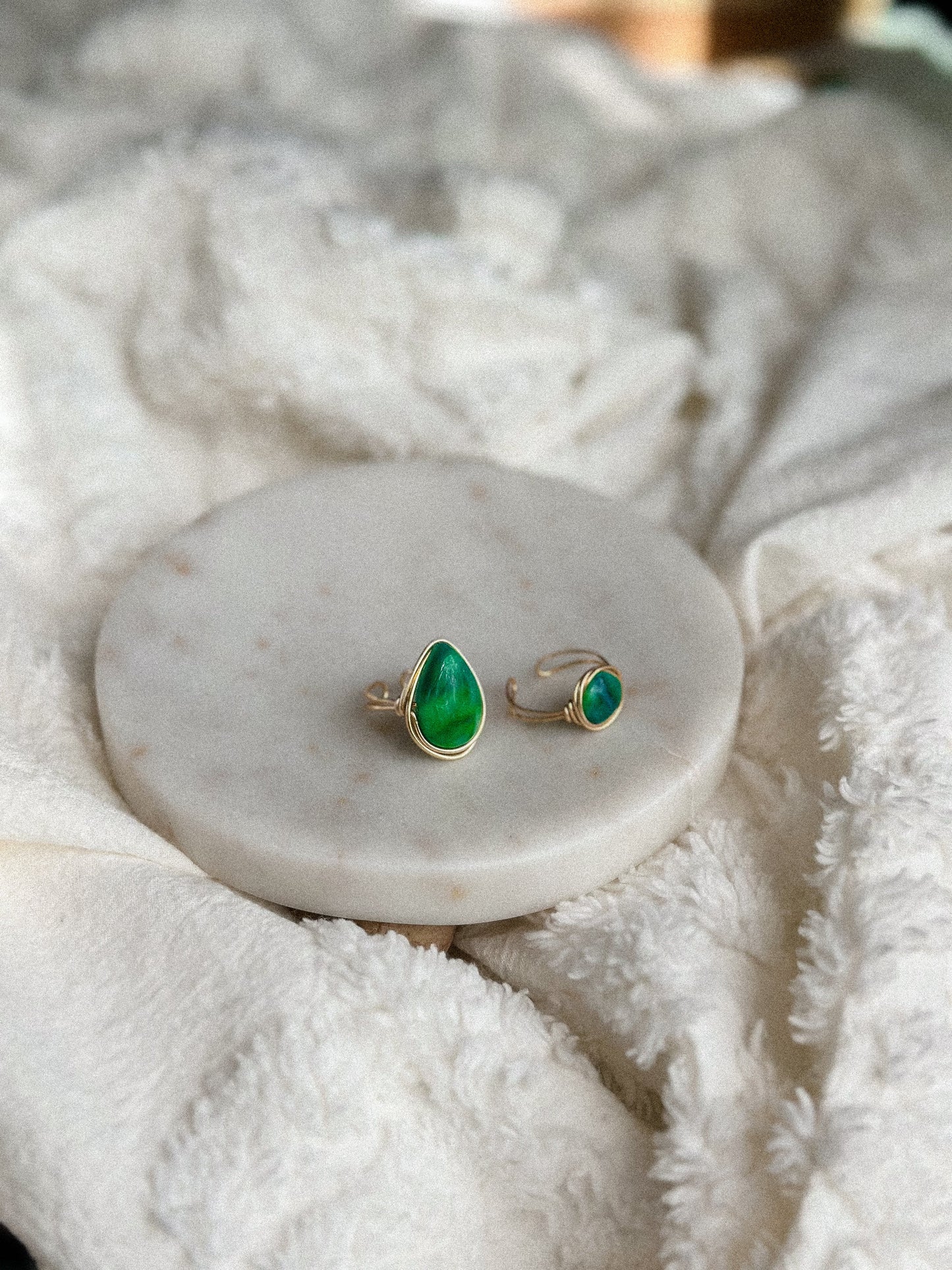 Caladan Green Teardrop Gold Wire Wrapped Adjustable Ring