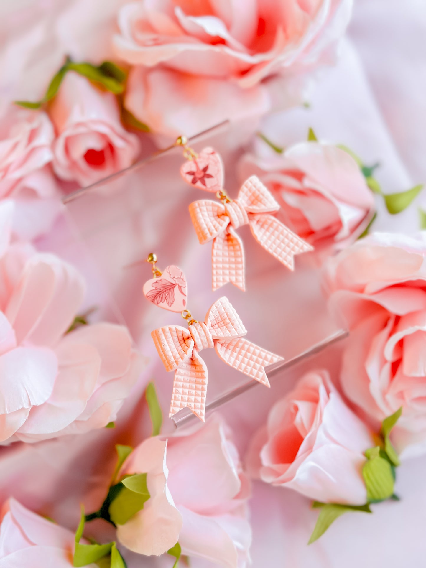 Peach Fuzz Bows w/ Chinoiserie Hearts Dangles
