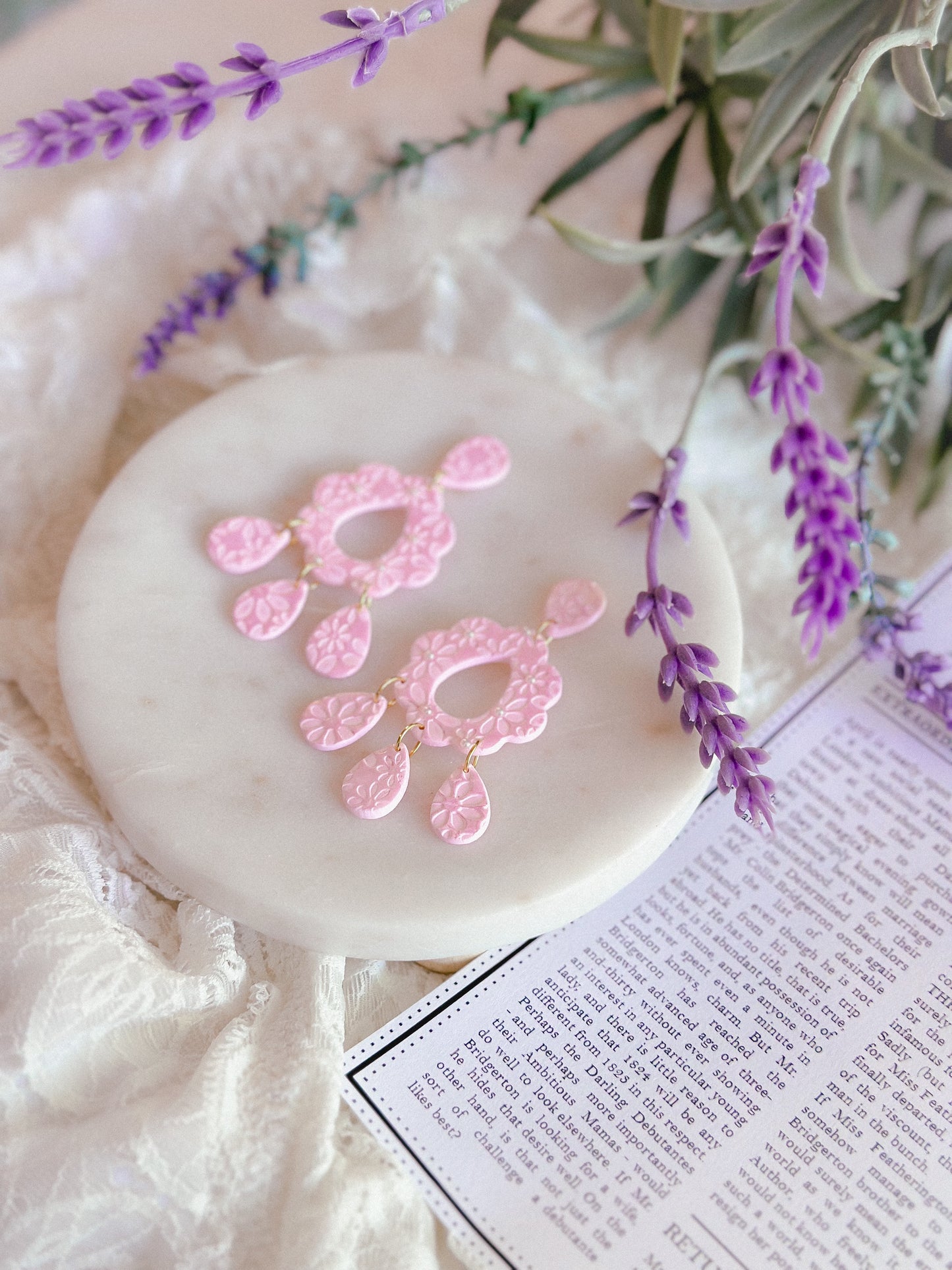 Pink Shimmer Pearl Daisy Lace Cutout Dangles