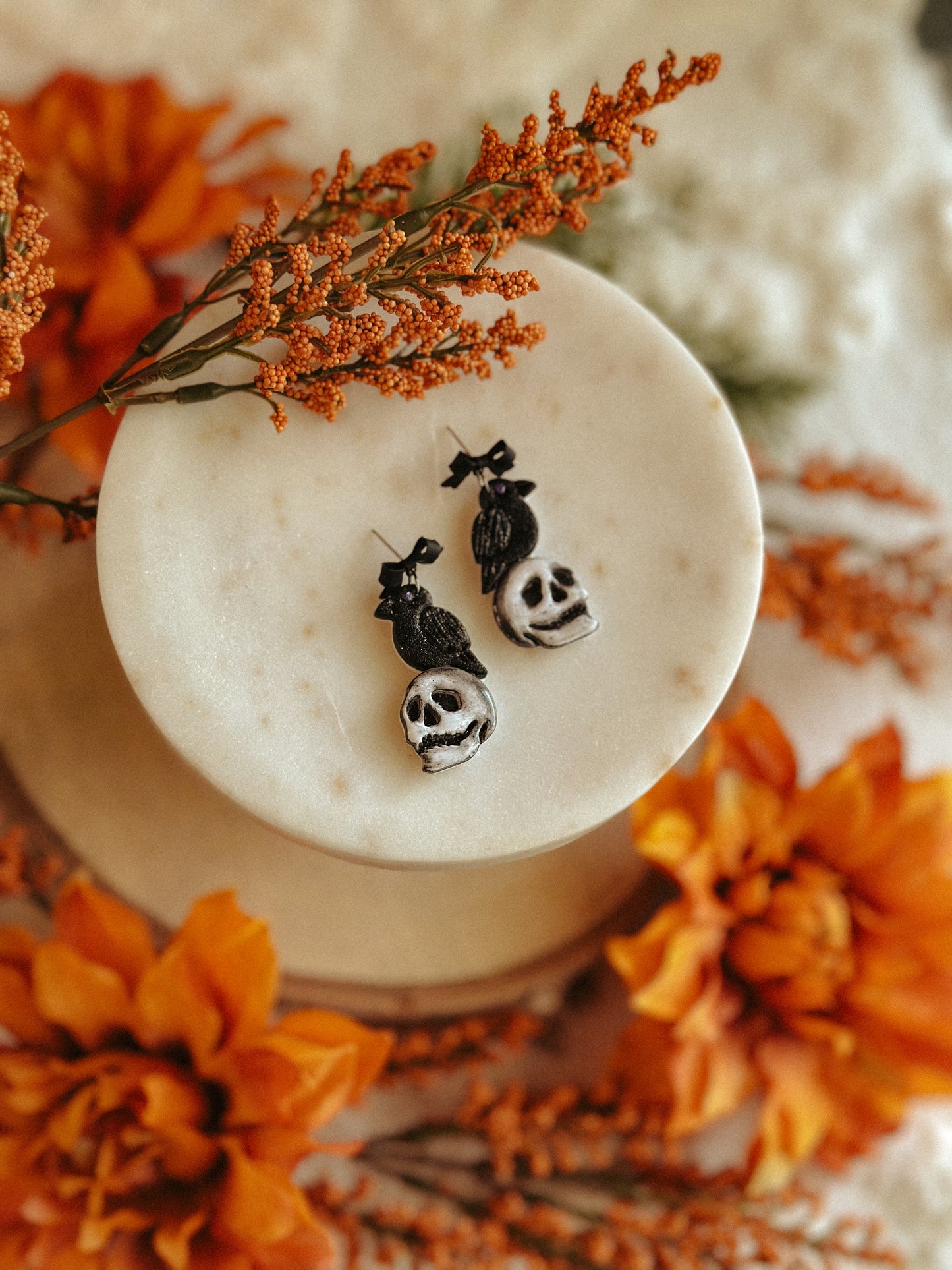Nevermore Raven Skull Drops polymer clay earrings gothic raven skull design Edgar Allan Poe earrings