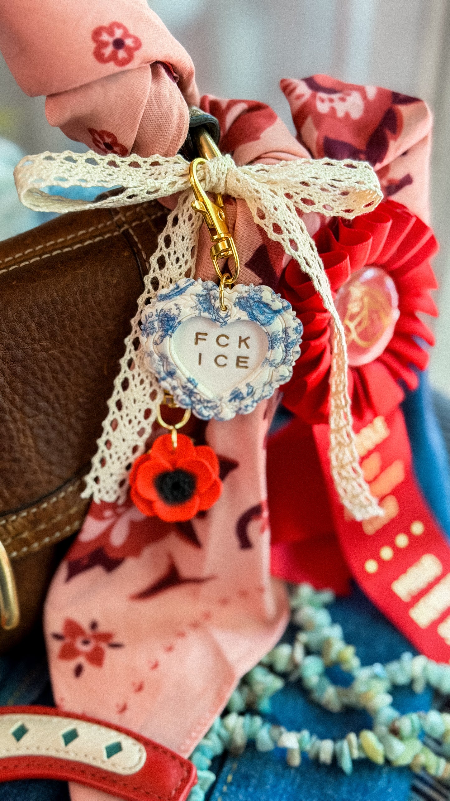 FCK ICE Chinoiserie Heart Keychain in Silver- Handmade Polymer Clay Bag Charm, Statement Keychain Gift