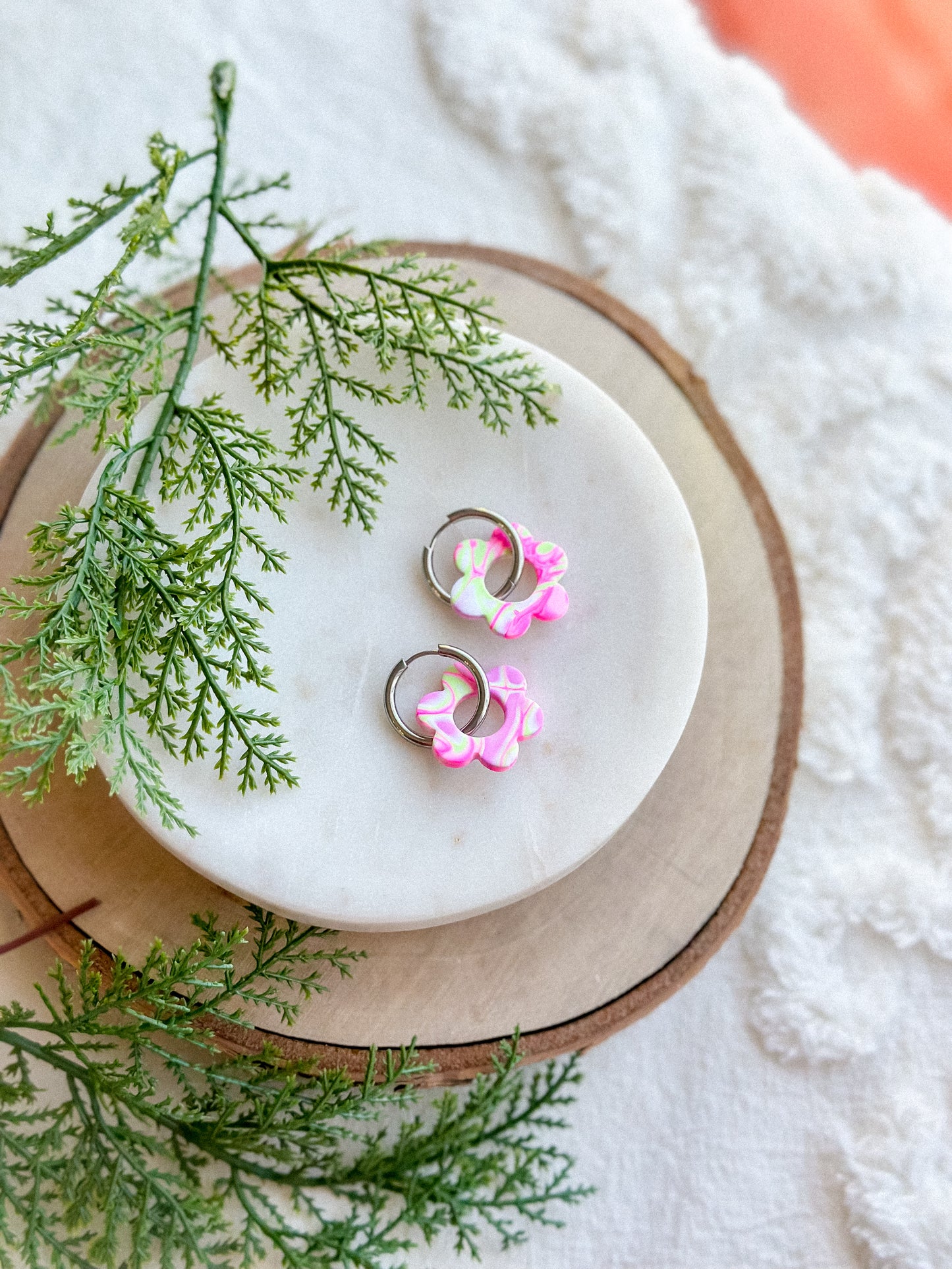 Pink Mokume Gane Daisies on Silver Huggies