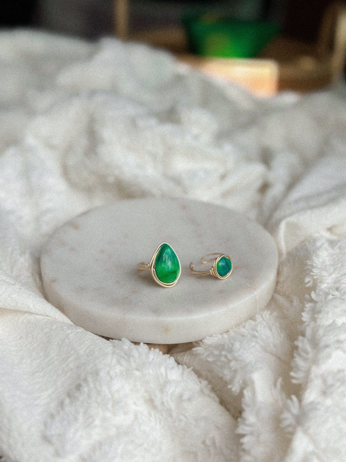 Caladan Green Teardrop Gold Wire Wrapped Adjustable Ring