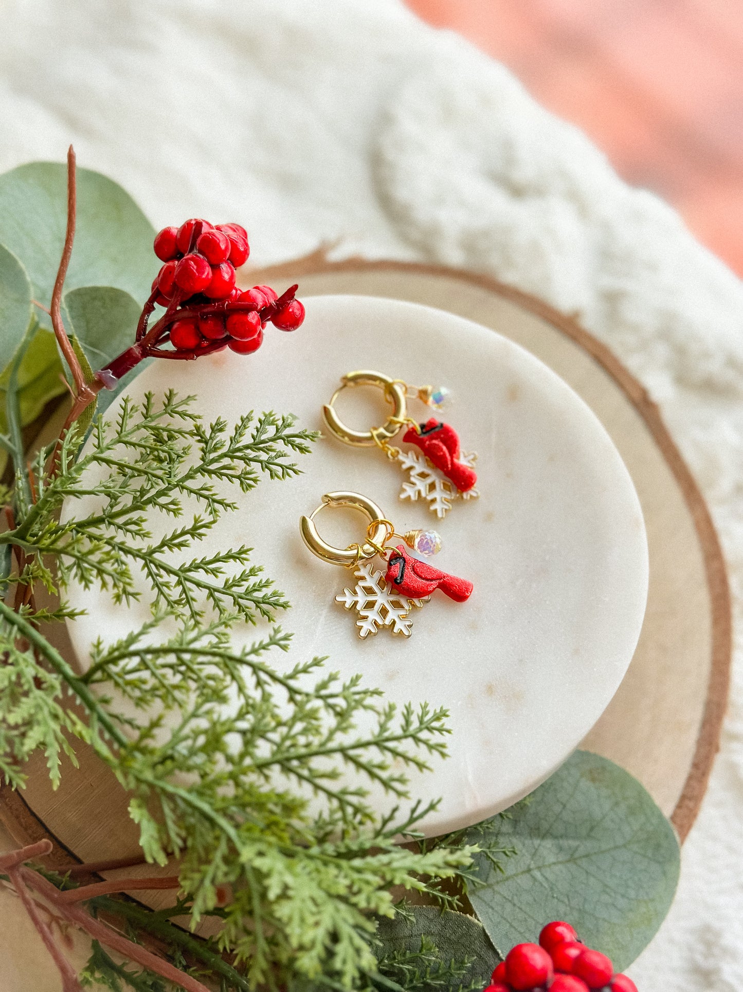 Sparkly Cardinal Winter Charms Huggies