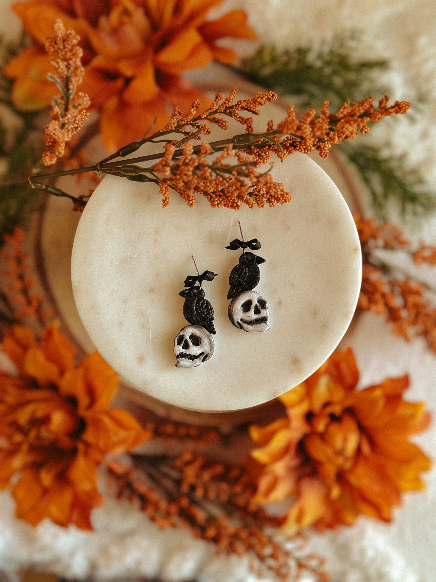 Nevermore Raven Skull Drops polymer clay earrings gothic raven skull design Edgar Allan Poe earrings