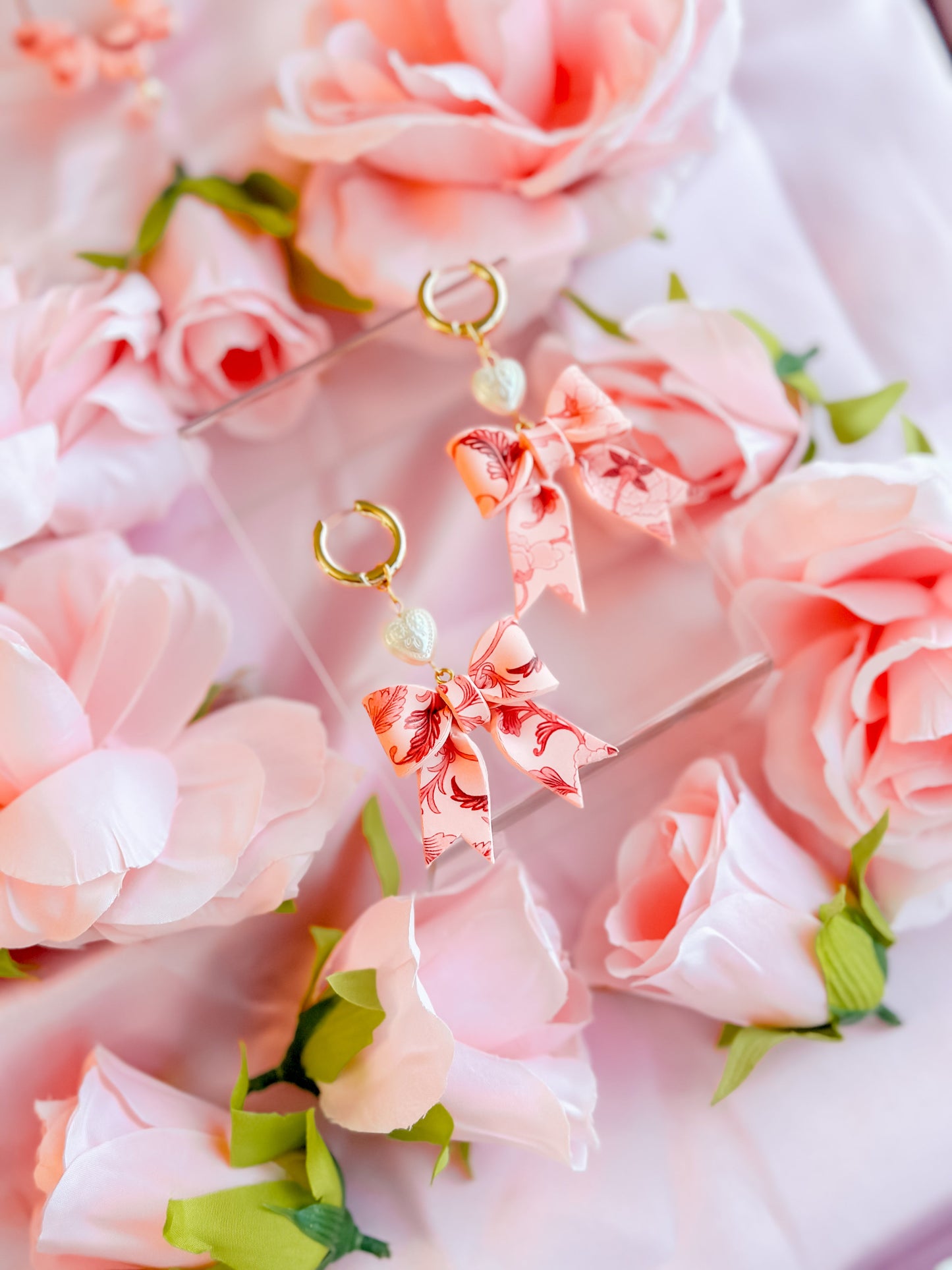 IMPERFECT Peach Fuzz Chinoiserie Bows w/ Pearls Huggie Hoops