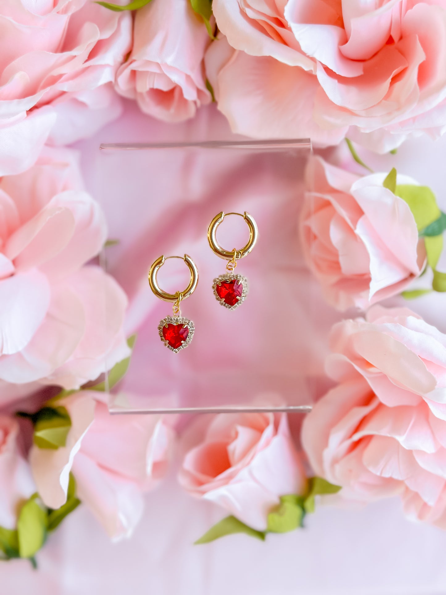 Ruby Red Heart Charm Huggie Hoops