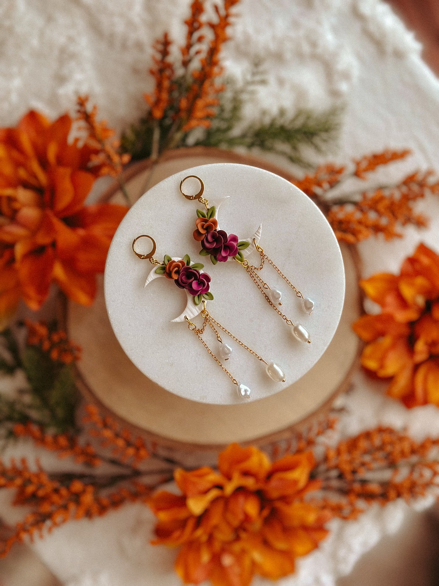 Autumn Floral Crescent Moon Pearl polymer clay dangle earrings