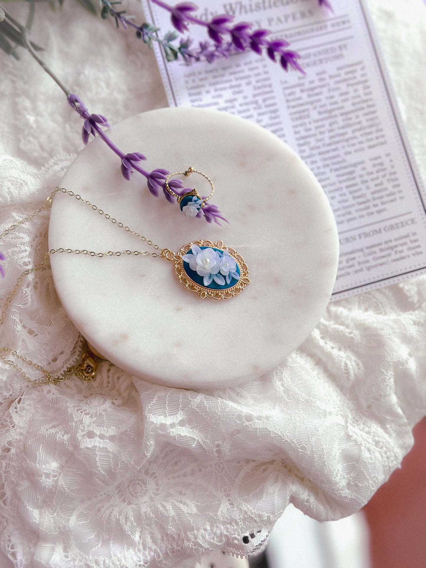 Translucent Floral Cameo Necklace- Gold / 10”