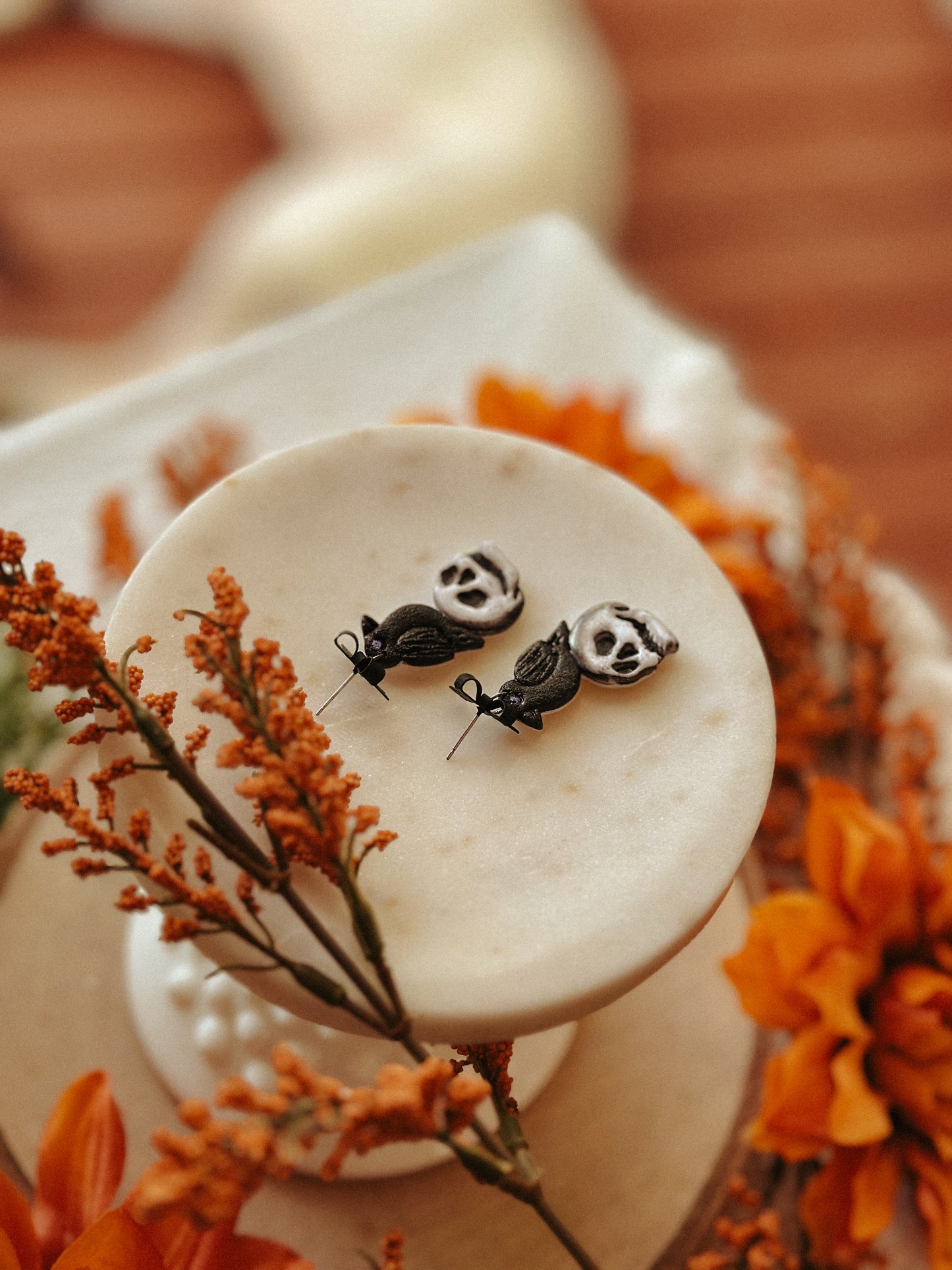Nevermore Raven Skull Drops polymer clay earrings gothic raven skull design Edgar Allan Poe earrings