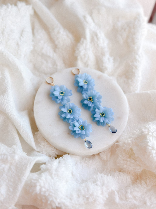 Blue Translucent Triple Flowers Dangles Earrings