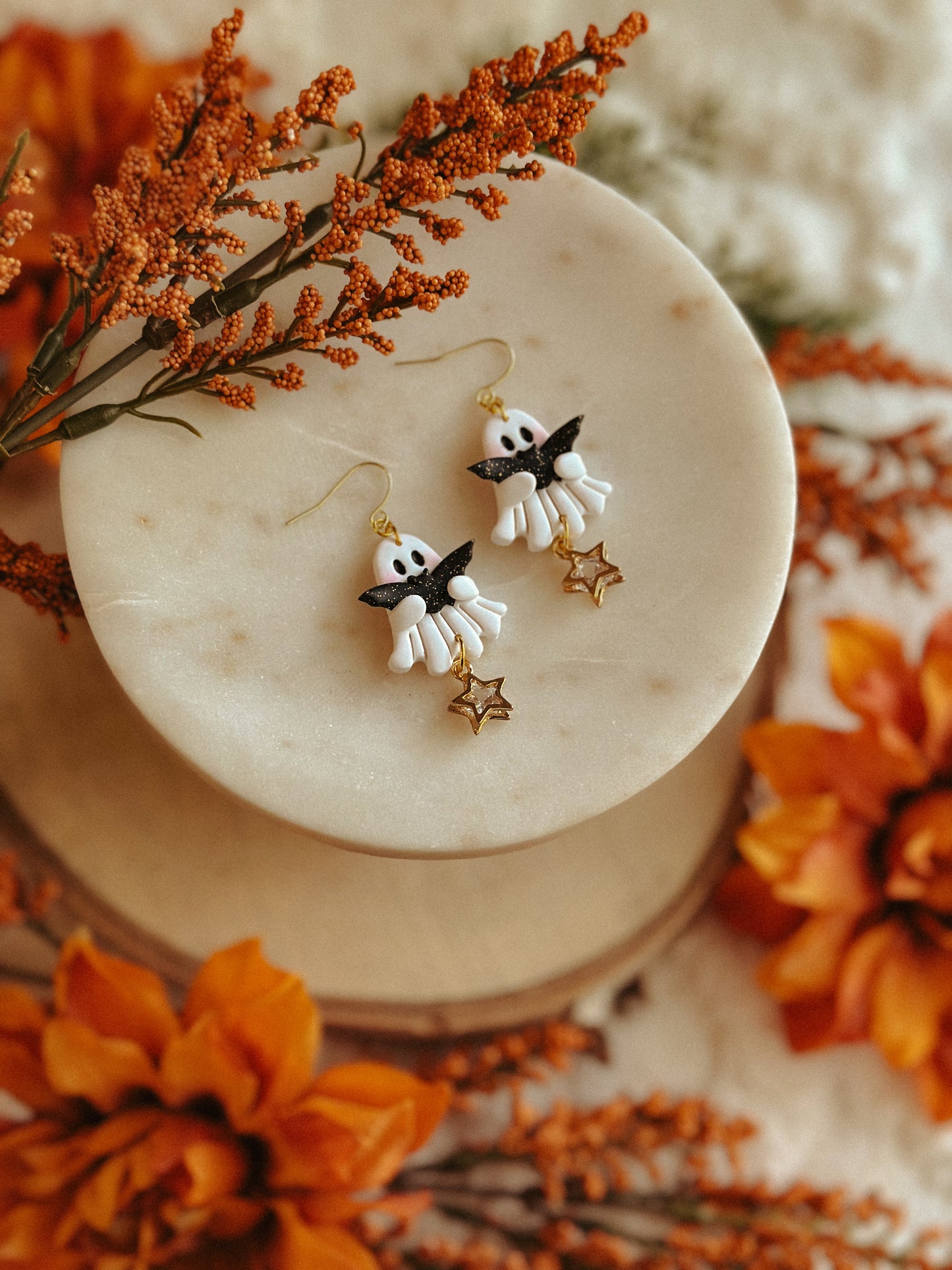 Ghostie & Bat polymer clay dangle earrings ghost and bat silhouette Halloween jewelry
