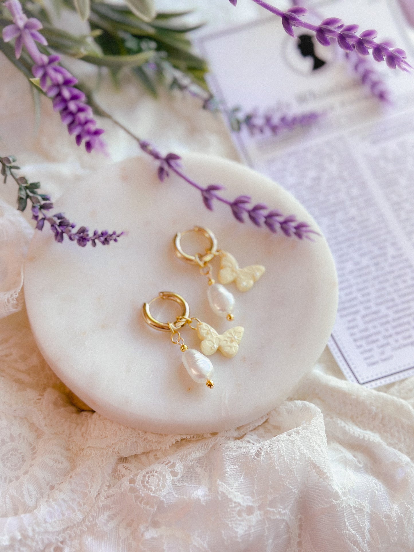 Daisy Pearl Butterfly Charm Huggies