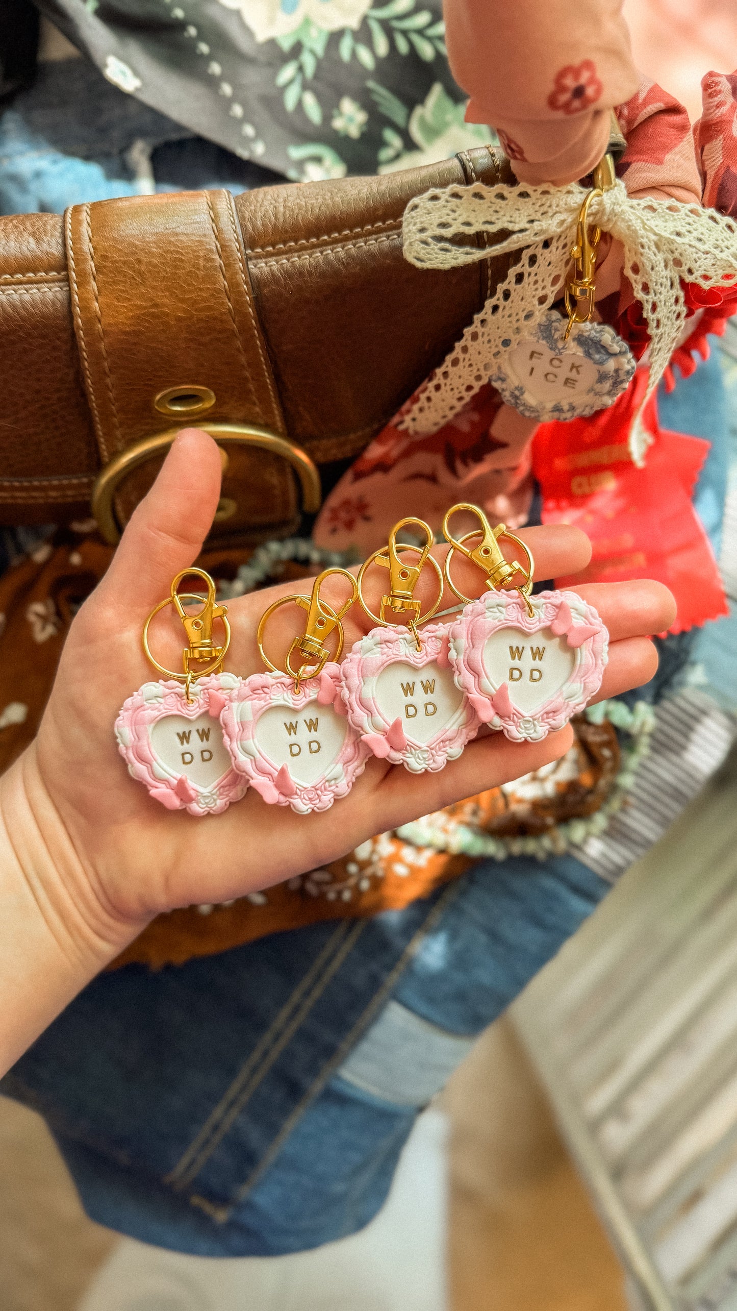 WWDD “What Would Dolly Do?” Pink Gingham Heart Bag Charm / Keychain with Butterflies
