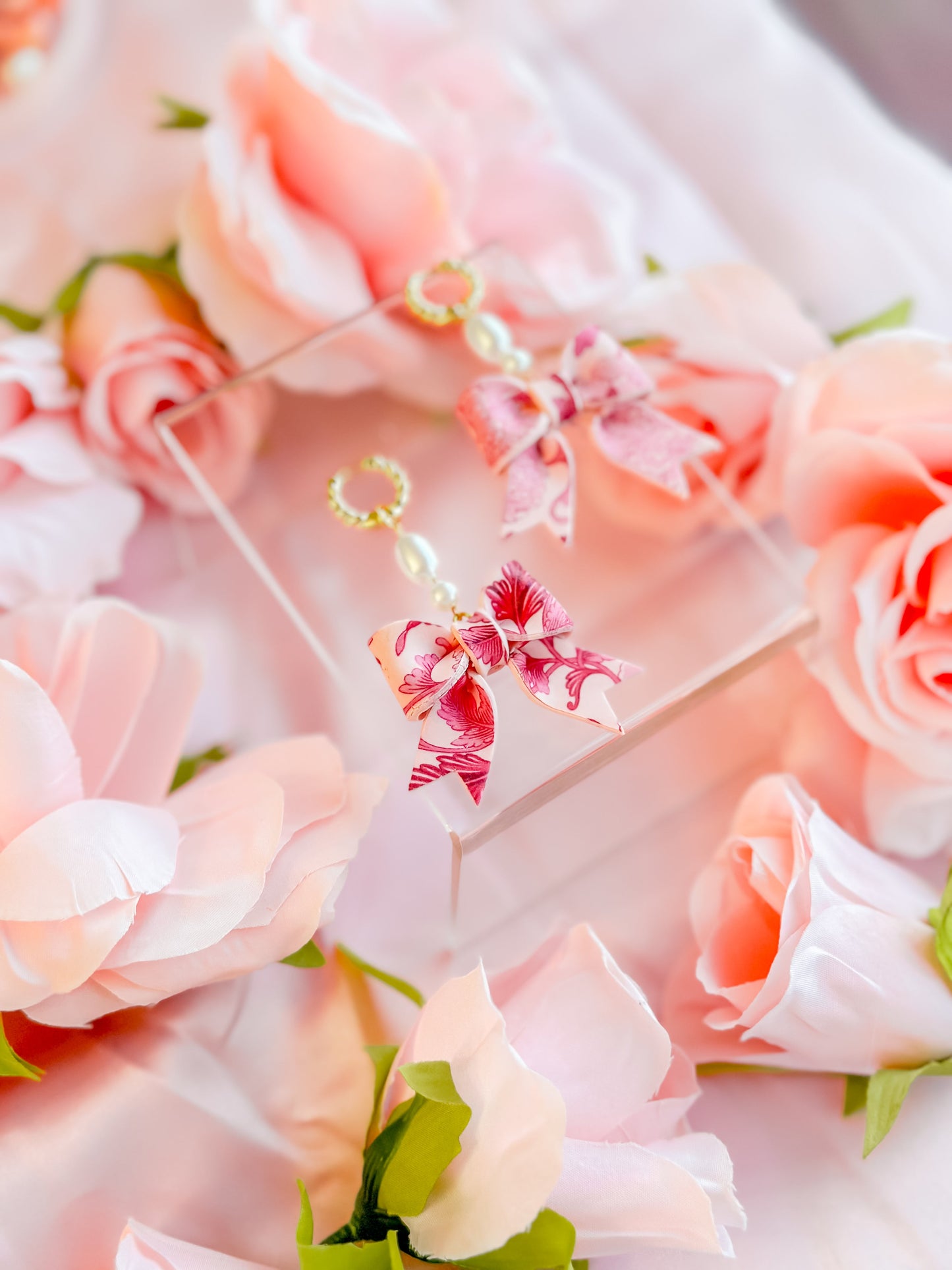IMPERFECT Pink Chinoiserie Bows Pearl Huggie Dangles