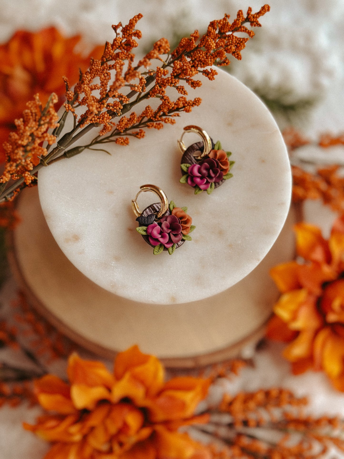 Autumn Floral Huggies – Fall Flower Polymer Clay Hoop Earrings