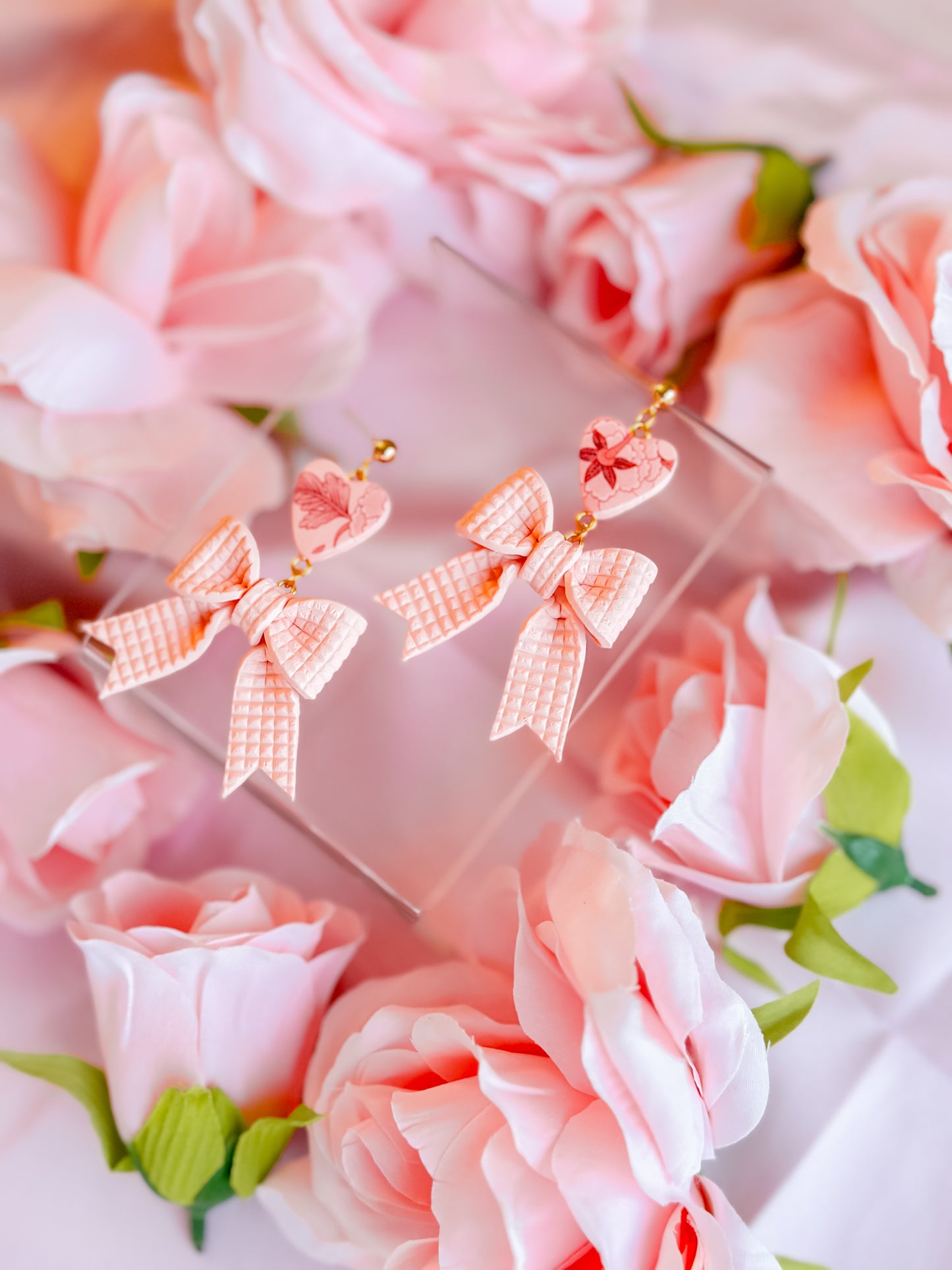 Peach Fuzz Bows w/ Chinoiserie Hearts Dangles