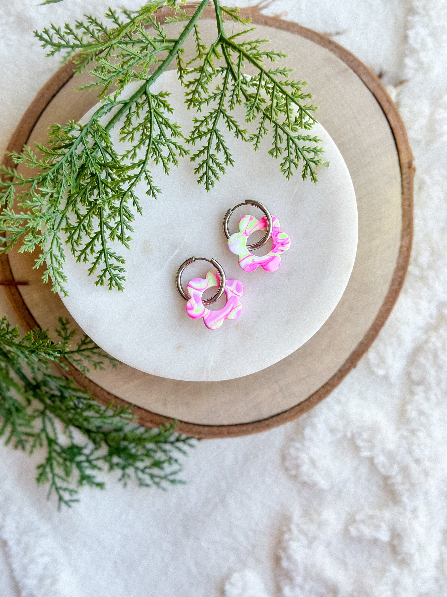 Pink Mokume Gane Daisies on Silver Huggies