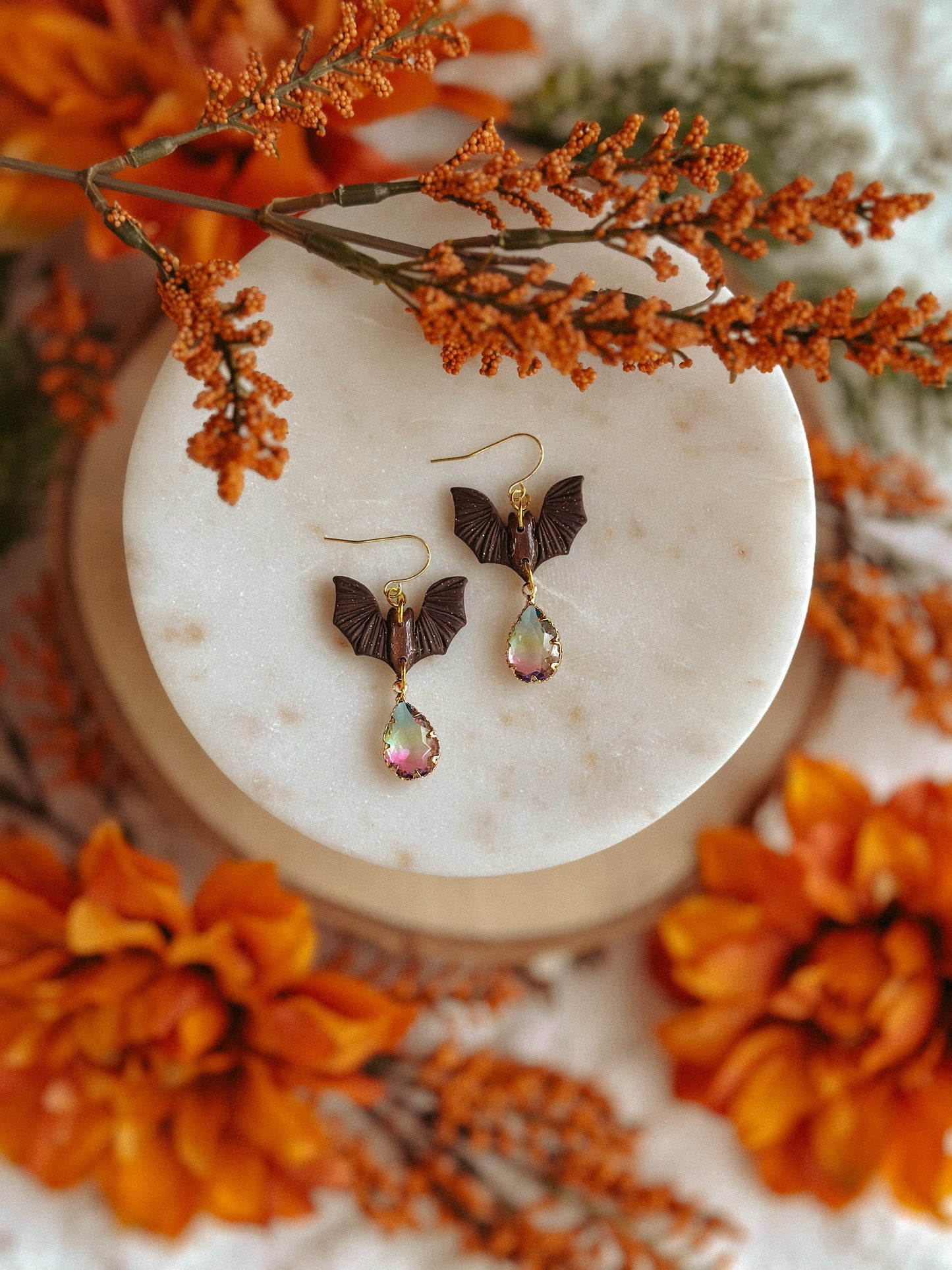 Mocha shimmer bats gemstone polymer clay drop earrings