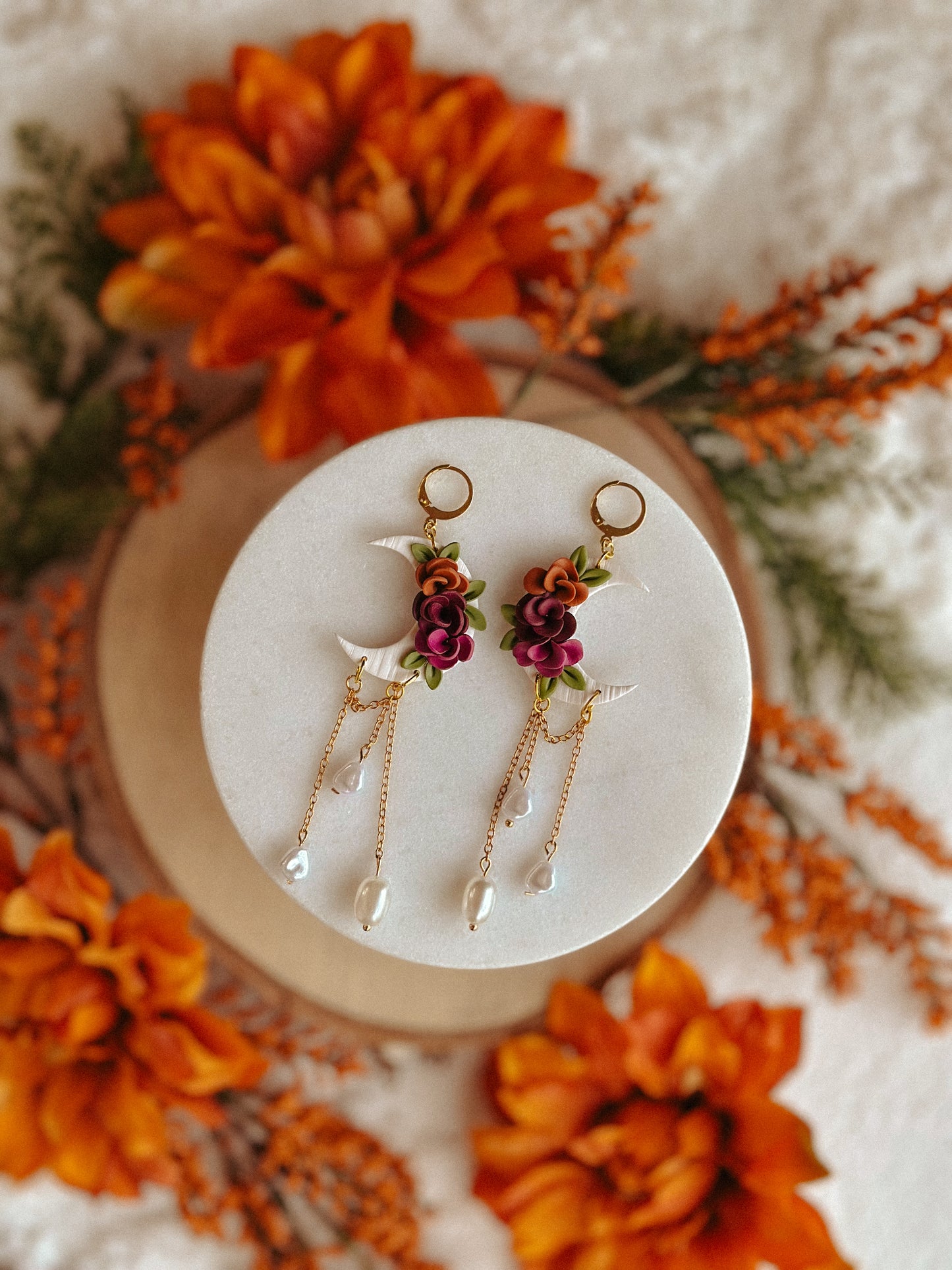 Autumn Floral Crescent Moon Pearl polymer clay dangle earrings