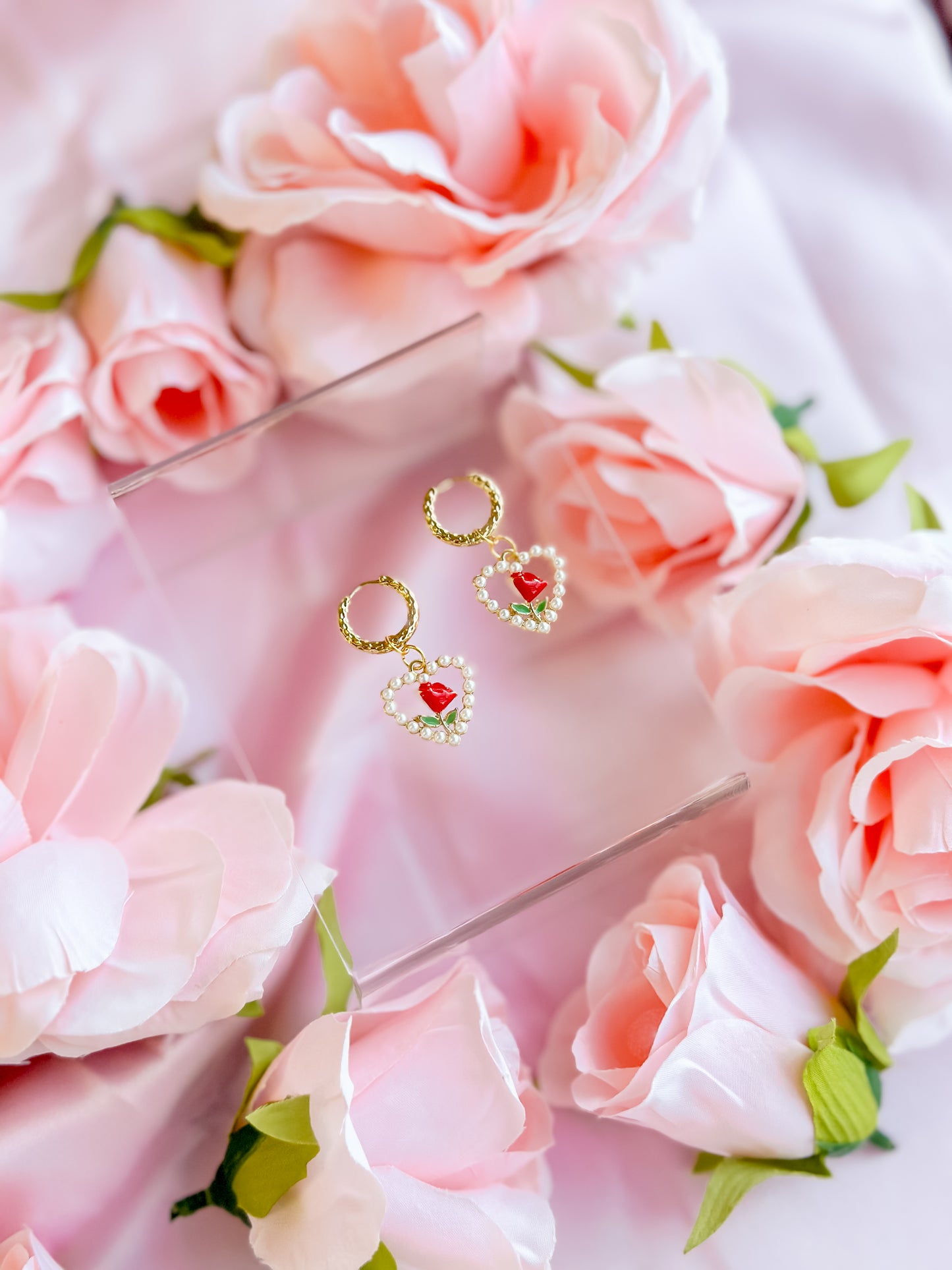 Pearl Rose Heart Charm Huggie Hoops