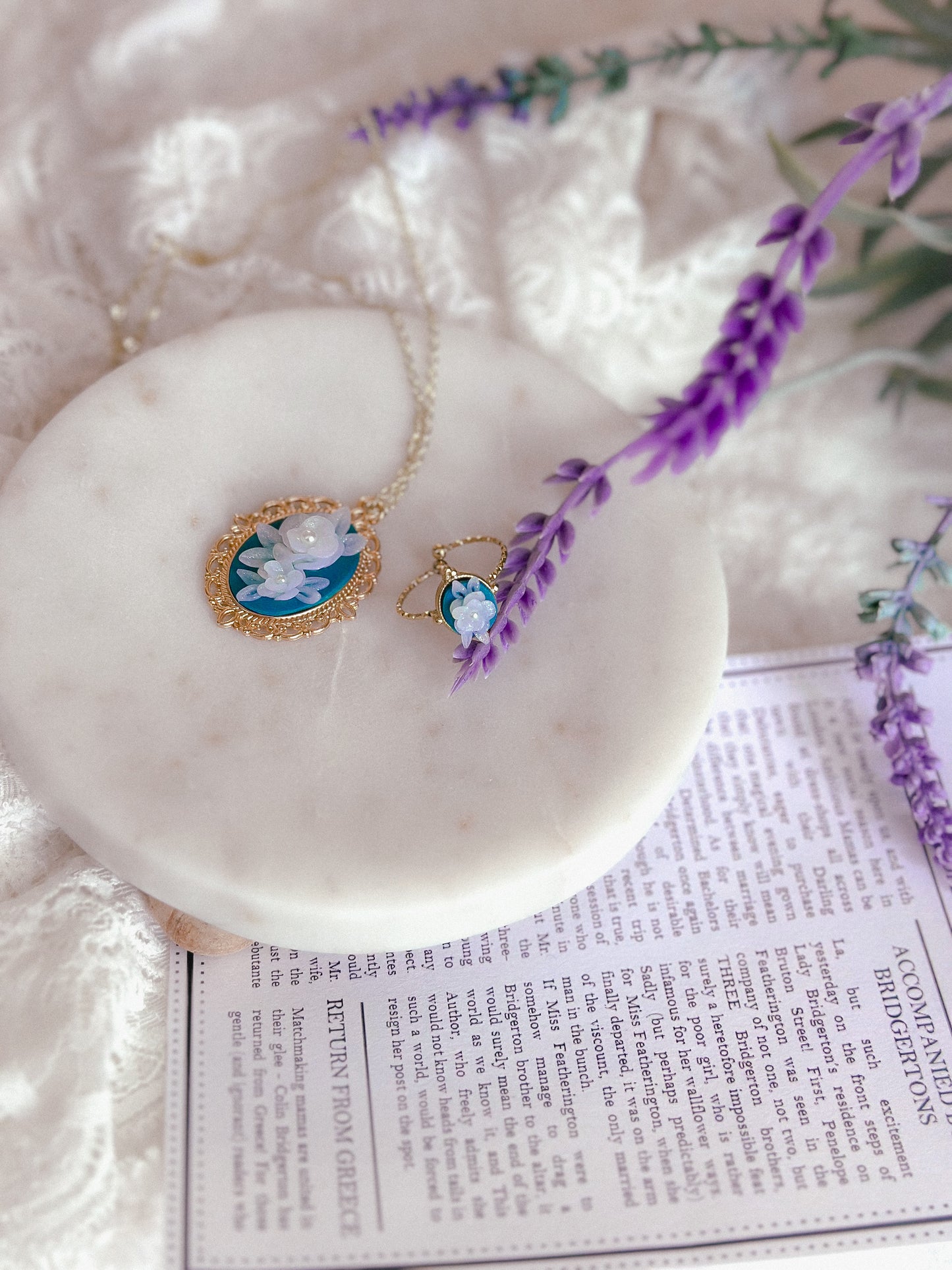 Translucent Floral Cameo Necklace- Gold / 10”