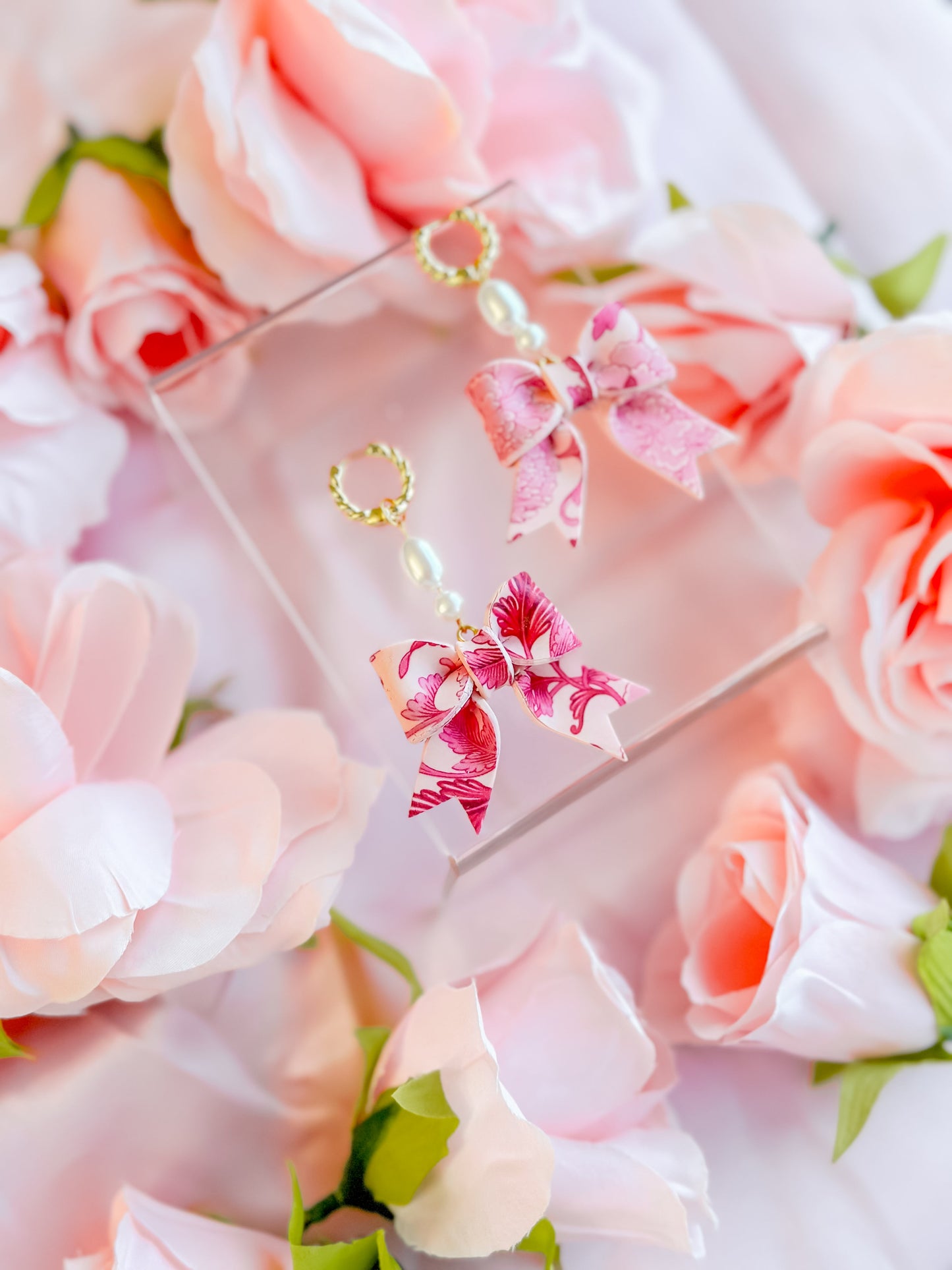 IMPERFECT Pink Chinoiserie Bows Pearl Huggie Dangles