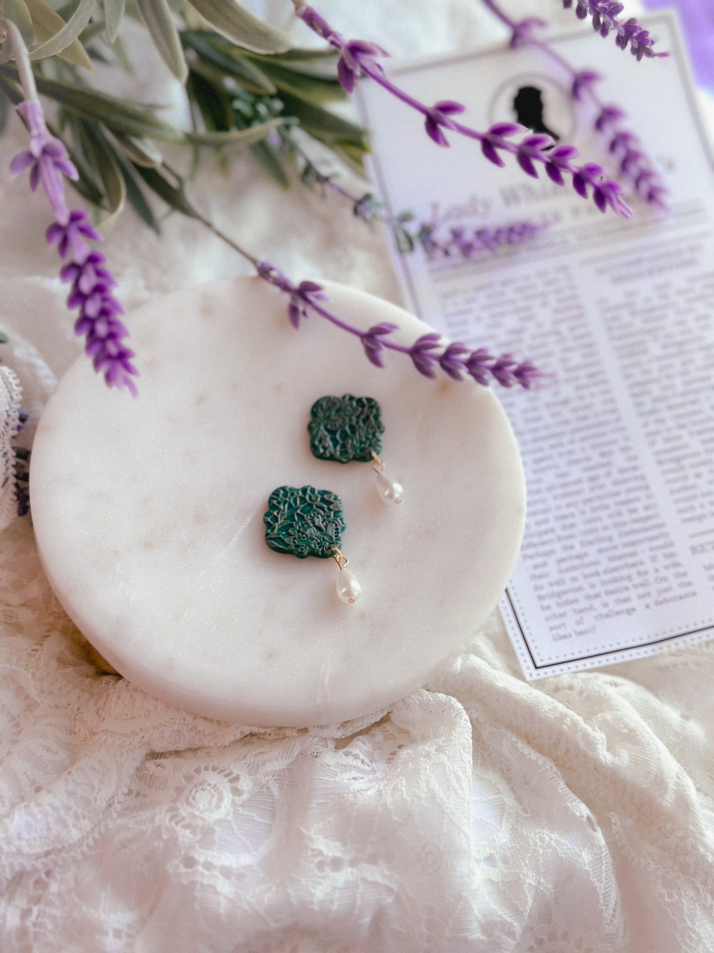 Emerald Lace Damask Pearl Studs