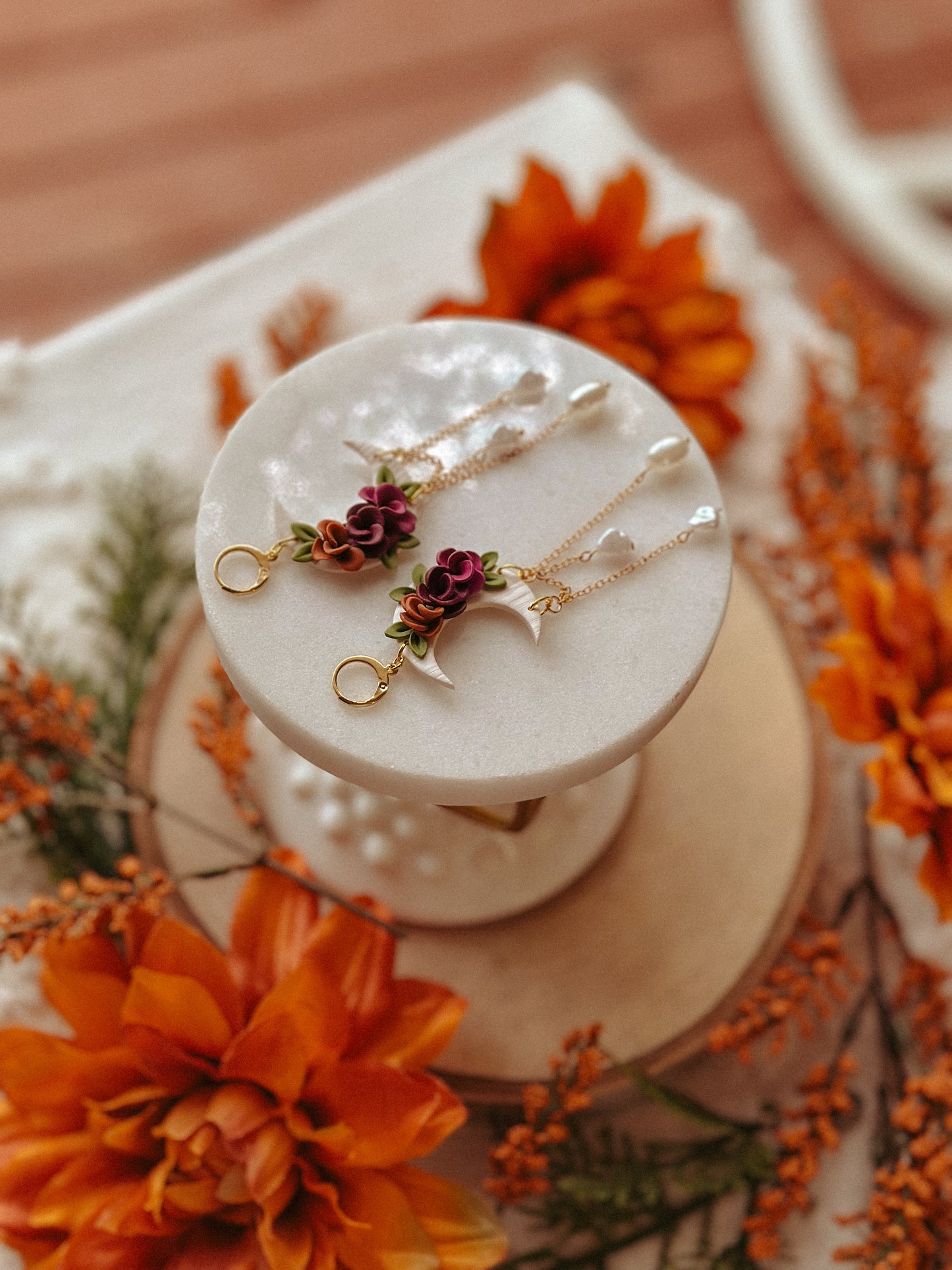 Autumn Floral Crescent Moon Pearl polymer clay dangle earrings