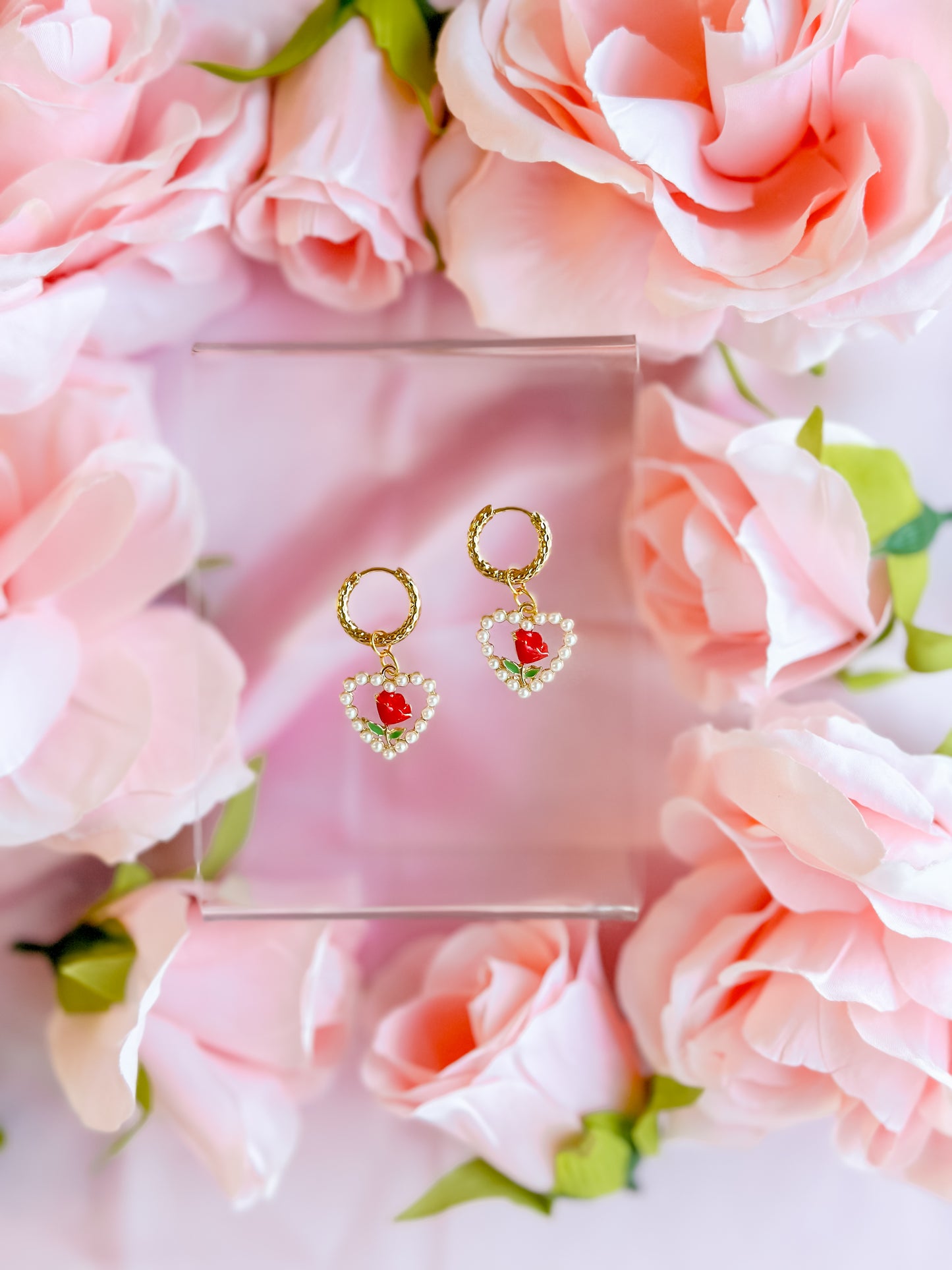 Pearl Rose Heart Charm Huggie Hoops