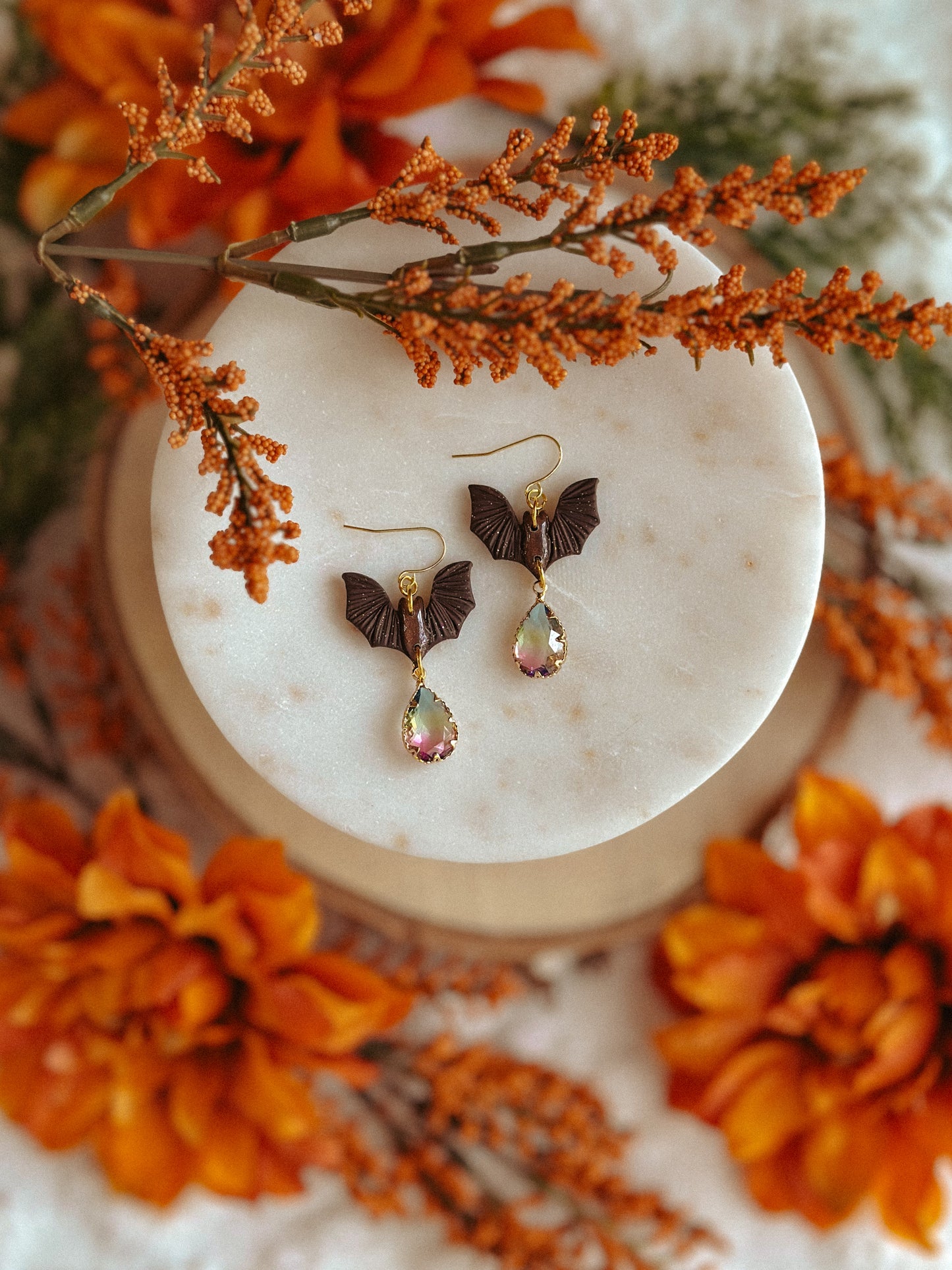 Mocha shimmer bats gemstone polymer clay drop earrings