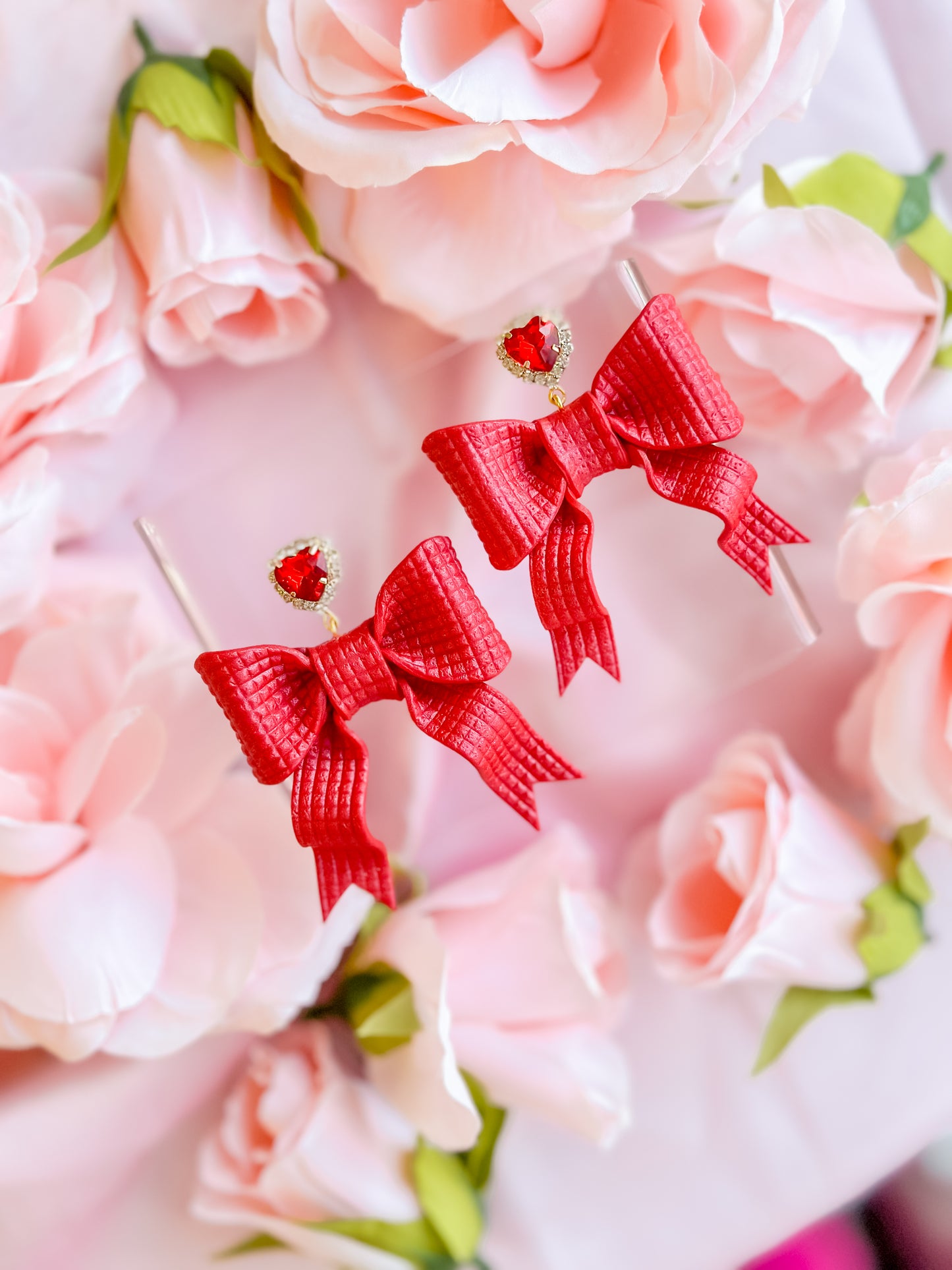 Ruby Red Bows Heart Charm Dangles
