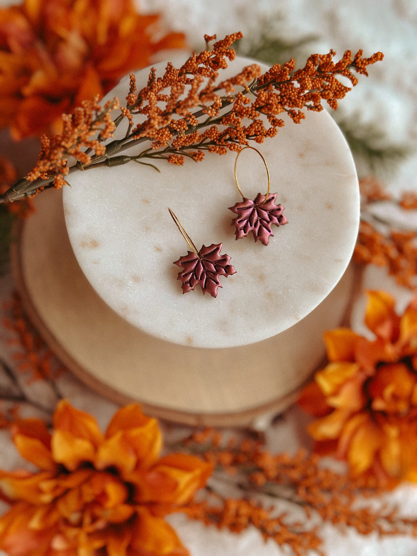 Mulberry shimmer maple leaf hoop polymer clay earrings autumn jewelry