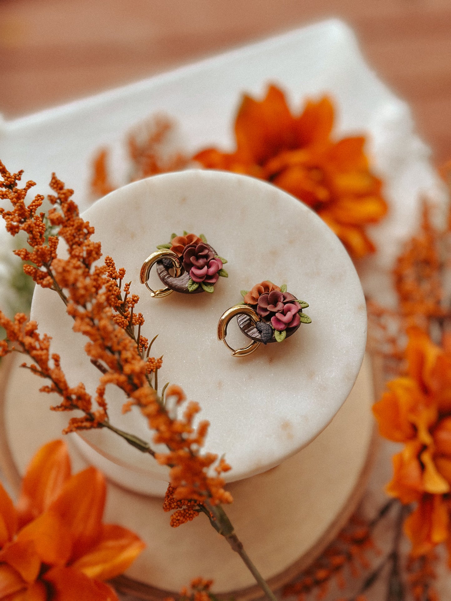 Autumn Floral Huggies – Fall Flower Polymer Clay Hoop Earrings