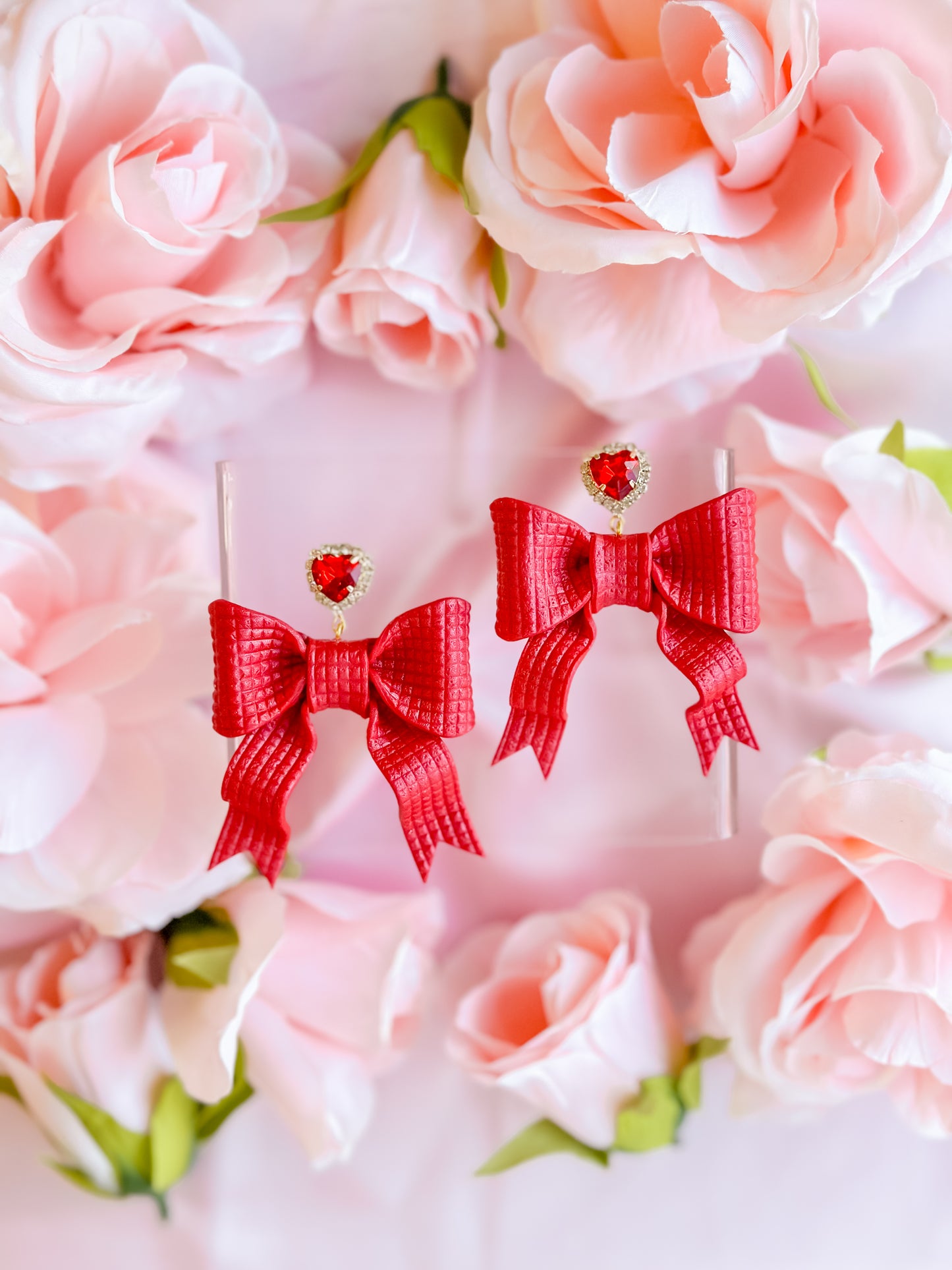 Ruby Red Bows Heart Charm Dangles
