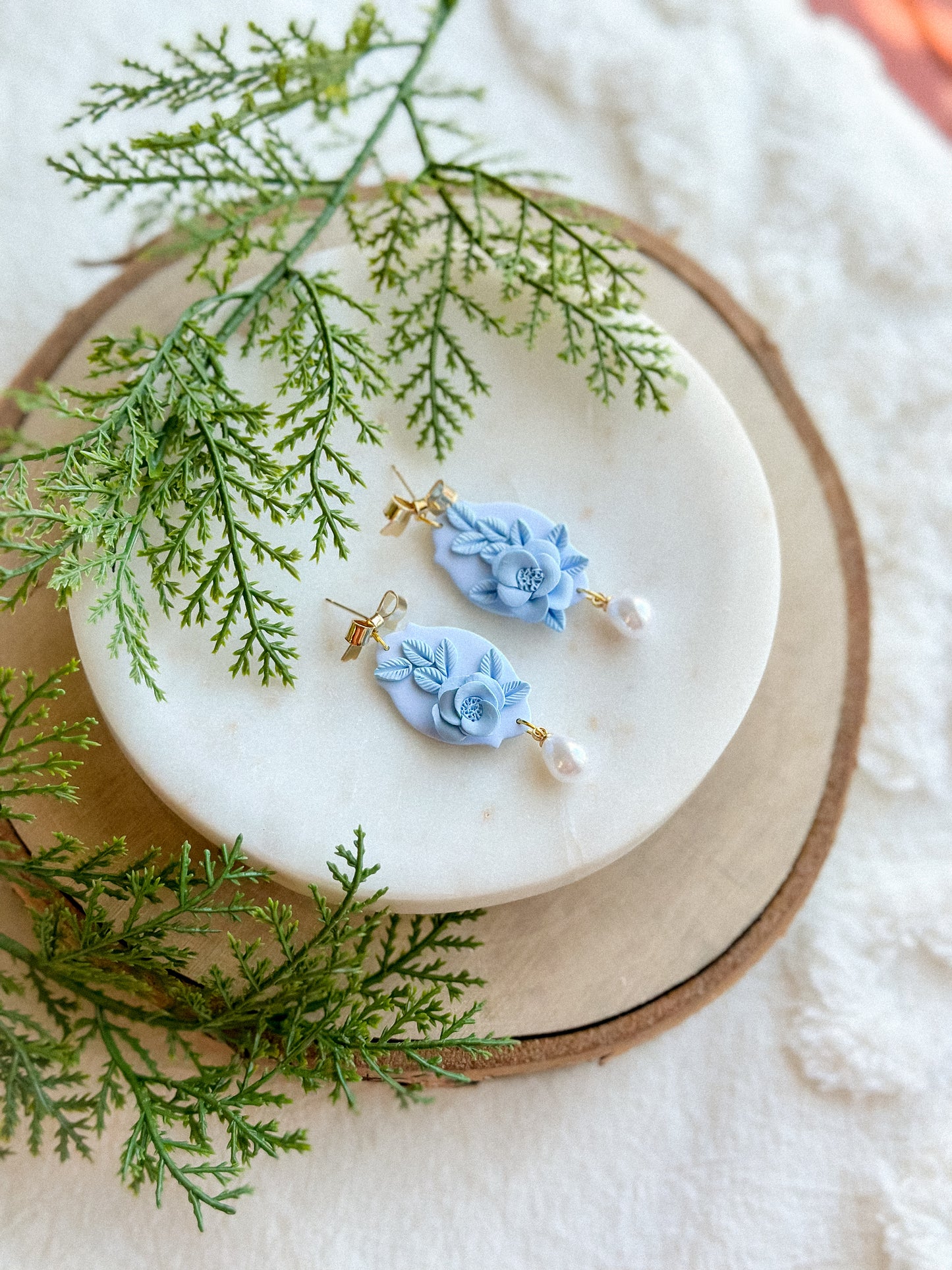 Eloise Blue Floral Pearl Drops w/ Gold Bows