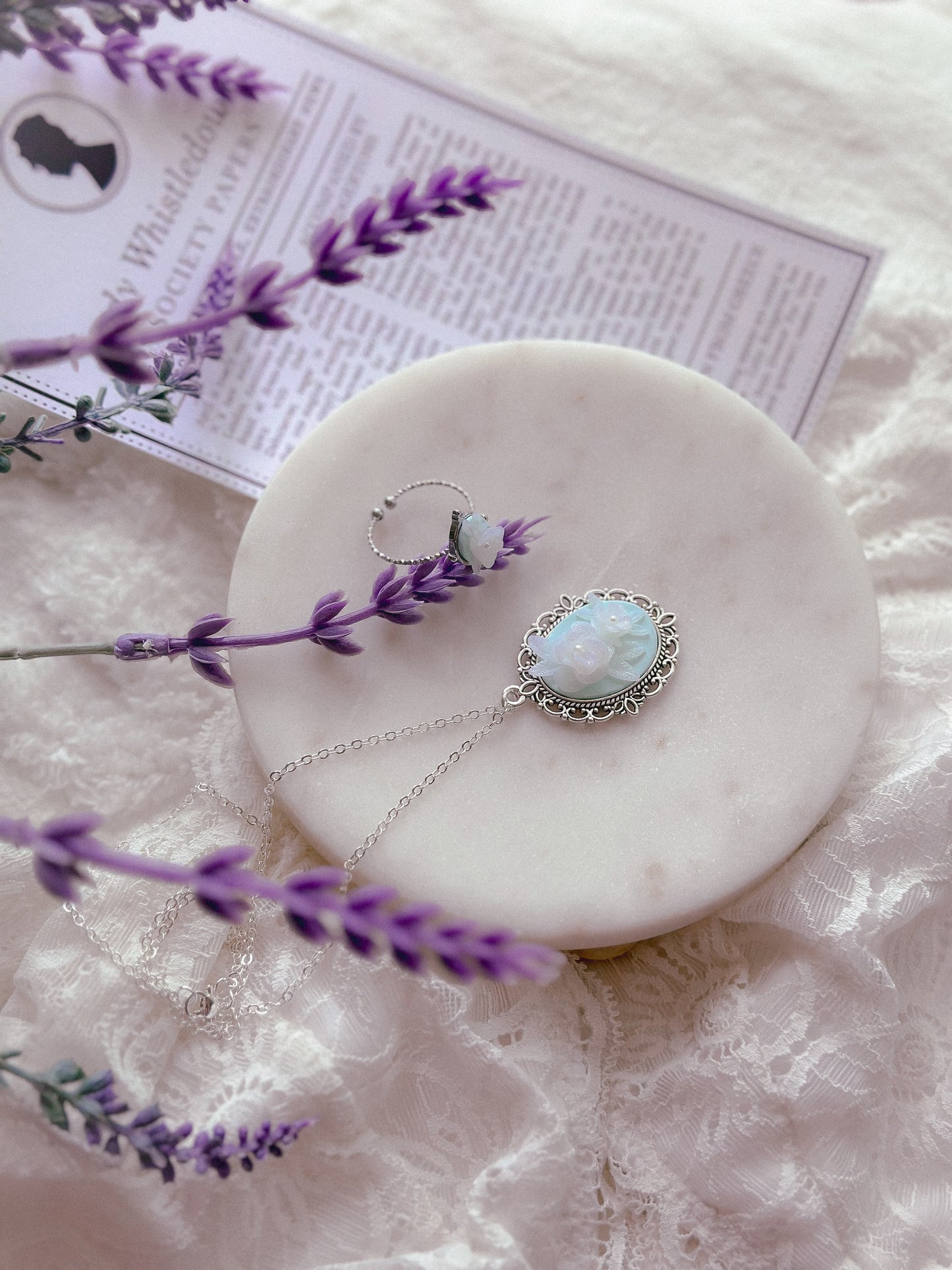 Translucent Floral Cameo Necklace- Mint Silver / 10”