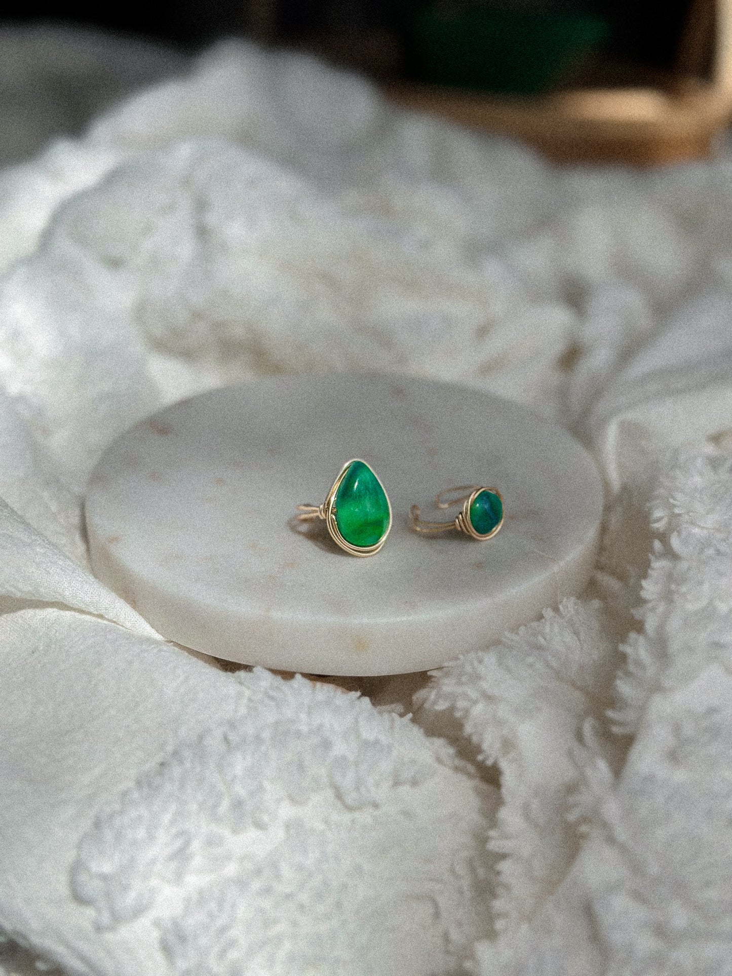 Caladan Green Round Gold Wire Wrapped Adjustable Ring