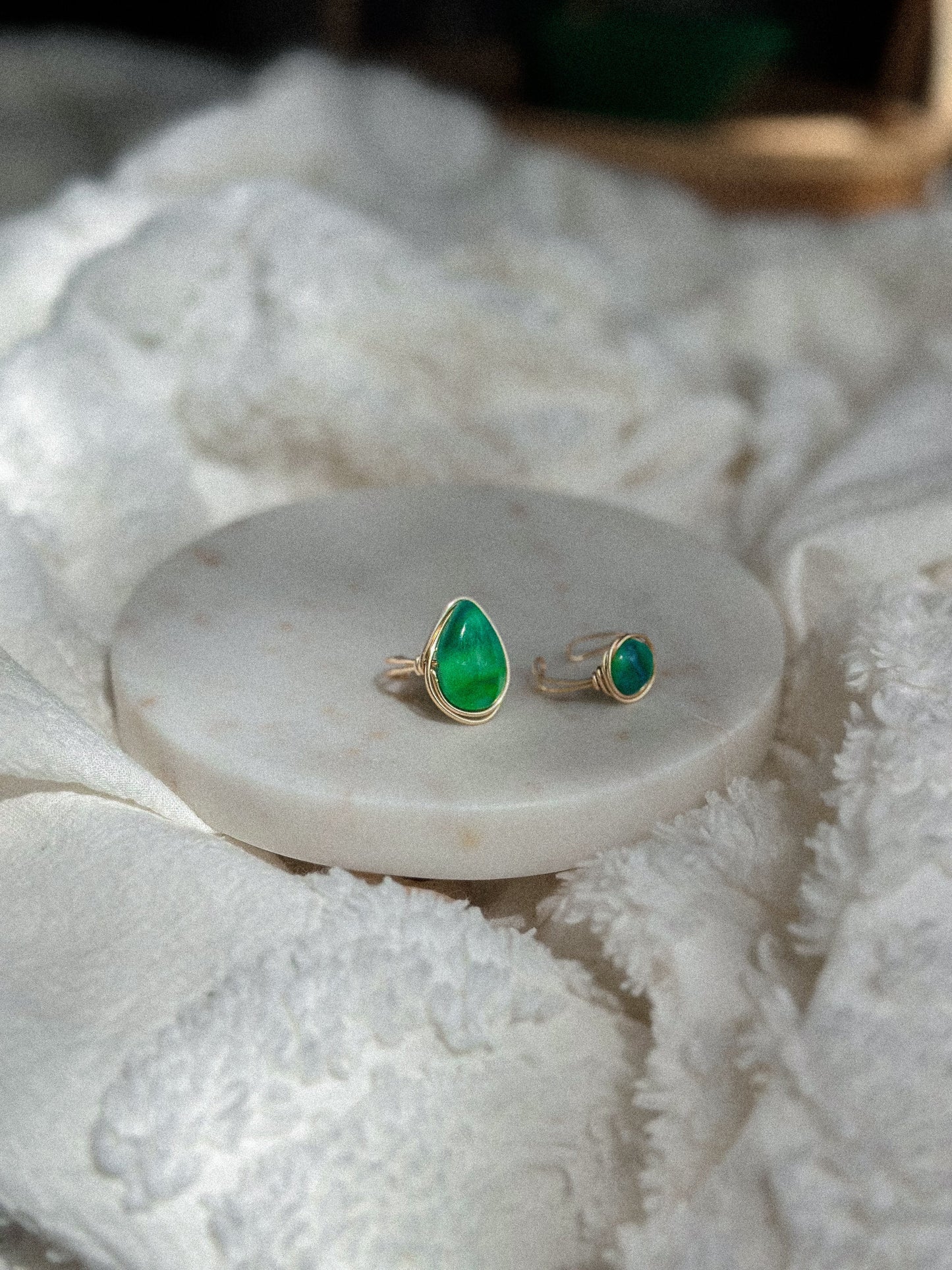 Caladan Green Teardrop Gold Wire Wrapped Adjustable Ring