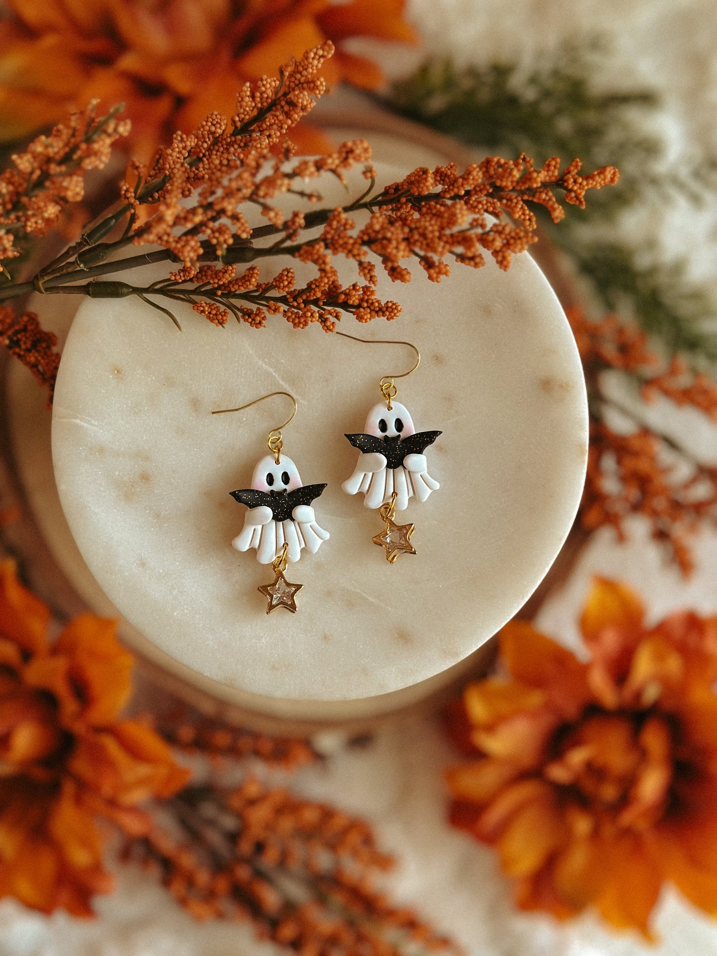 Ghostie & Bat polymer clay dangle earrings ghost and bat silhouette Halloween jewelry