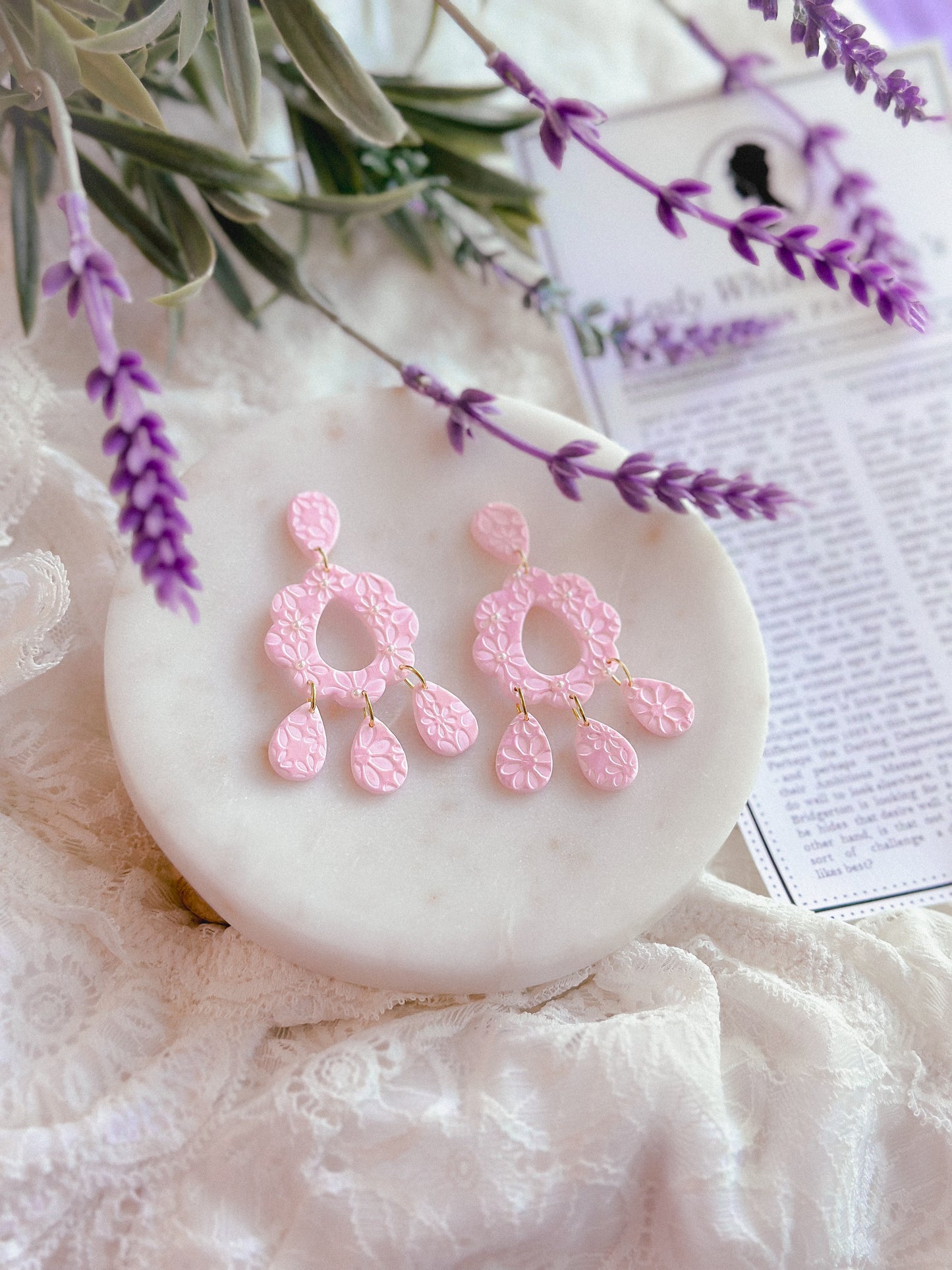 Pink Shimmer Pearl Daisy Lace Cutout Dangles