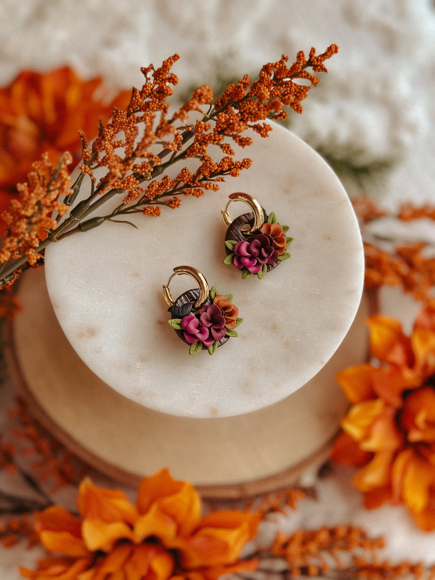 Autumn Floral Huggies – Fall Flower Polymer Clay Hoop Earrings