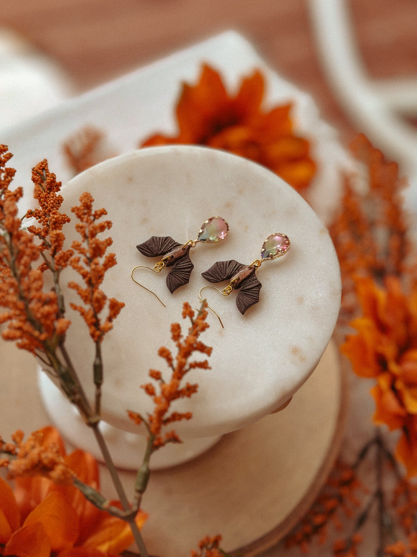 Mocha shimmer bats gemstone polymer clay drop earrings