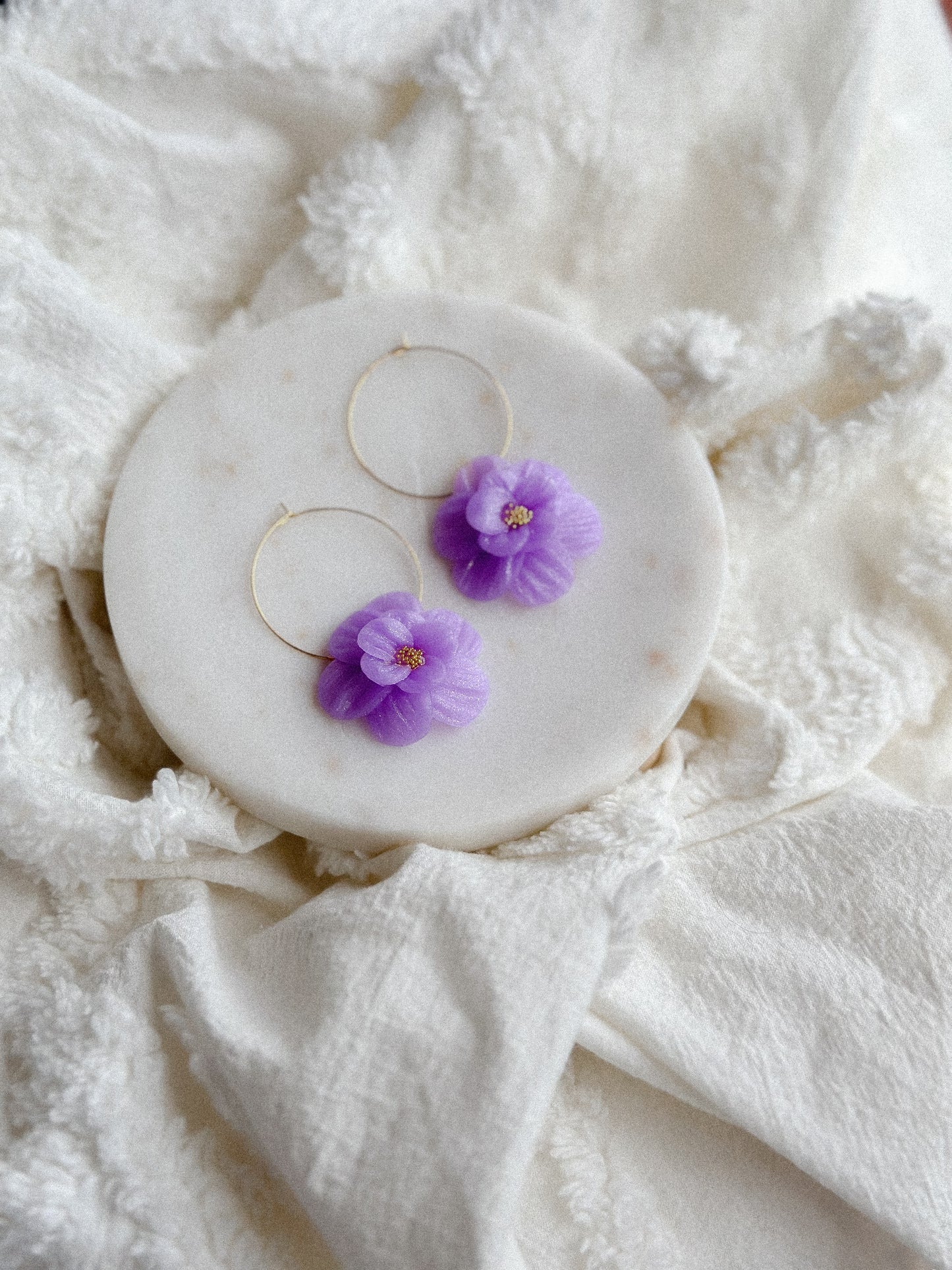 Violet Shimmer Translucent Flower Hoops