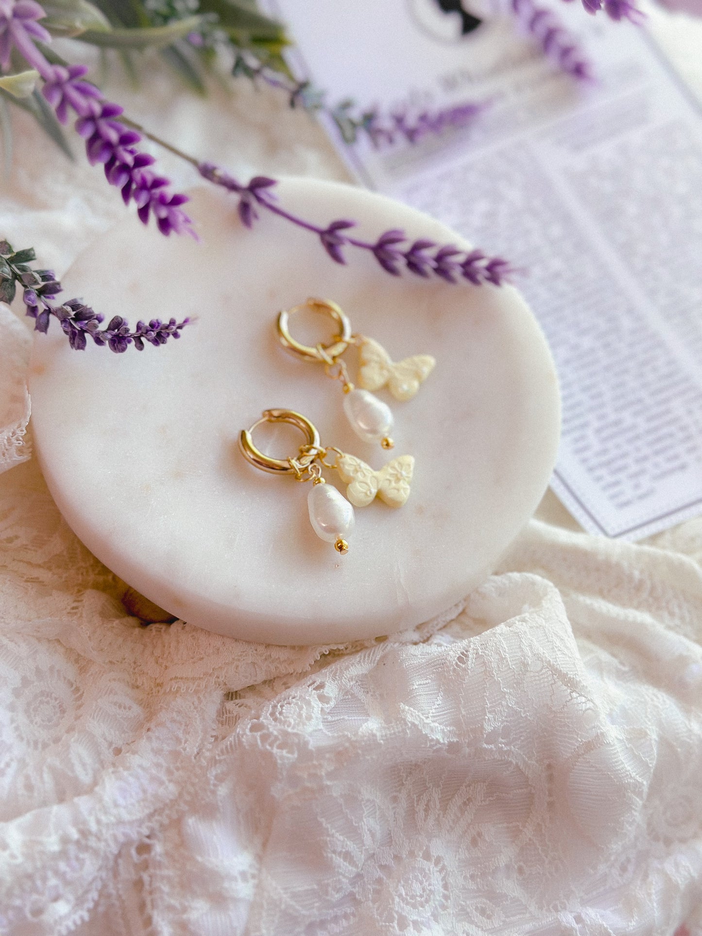 Daisy Pearl Butterfly Charm Huggies